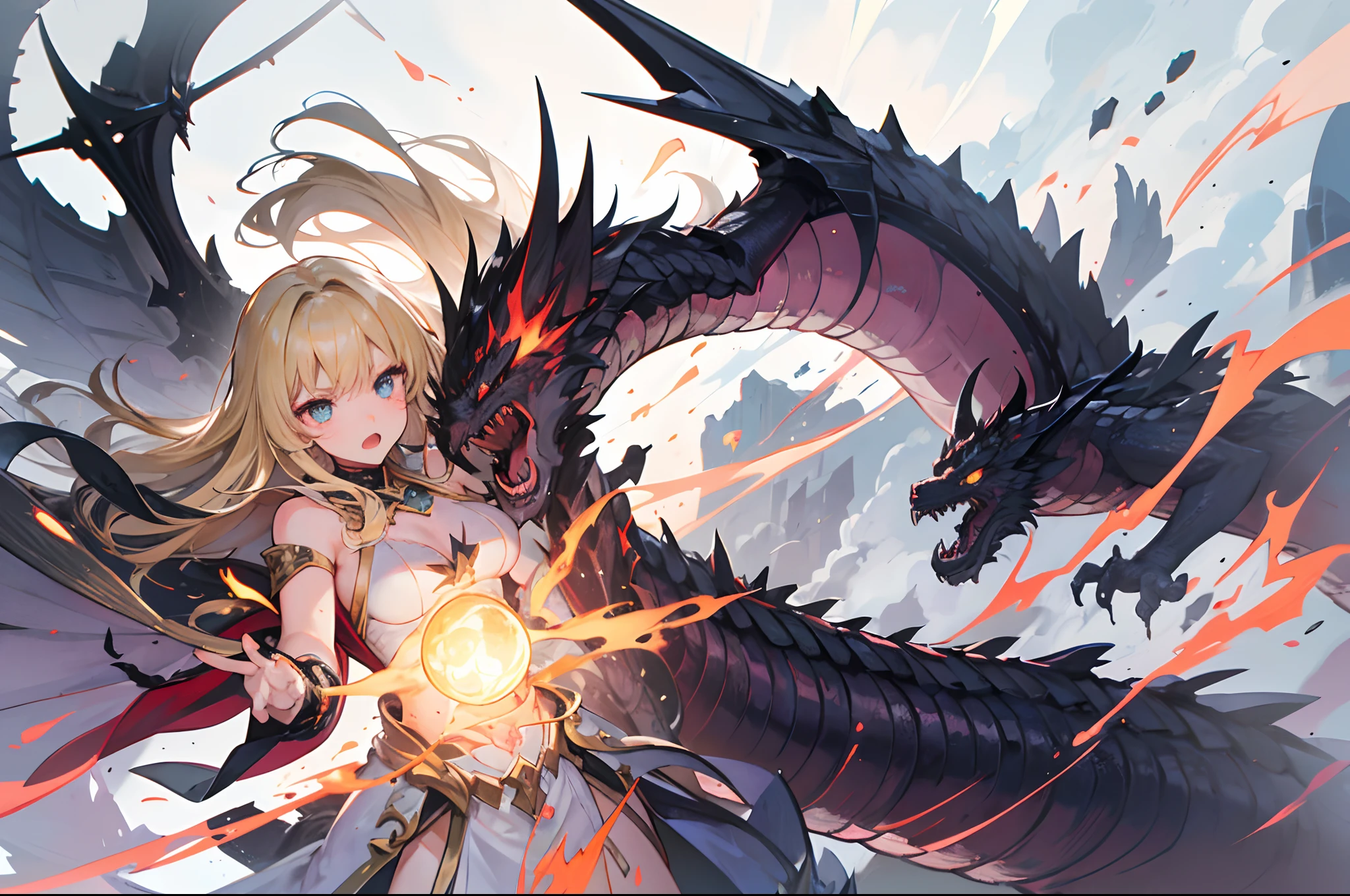 anime girl with sword and dragon in background, anime fantasy artwork, anime fantasy illustration, badass anime 8 k, anime art wallpaper 4 k, anime art wallpaper 4k, 2. 5 d cgi anime fantasy artwork, anime art wallpaper 8 k, detailed digital anime art, beautiful fantasy anime, anime epic artwork, 4k anime wallpaper, detailed anime artwork, sexy, sexy, big boobs, women, A queen is sitting on a throne in the underwater palace, anime style , dragon girl, amor dragon, blade dragon, dragon wings , (masterpiece, best quality, ultra-detailed, best shadow), (detailed background,dark fantasy), (beautiful detailed face), high contrast, (best illumination, an extremely delicate and beautiful), ((cinematic light)), colorful, hyper detail, dramatic light, intricate details, (1 girl, solo, sharp face, . Blonde hair,super long hair, thin bangs hime cut, long lashes,dynamic angle), blood splatter, swirling black light around the character, depth of field,black light particles,(broken glass),magic circle