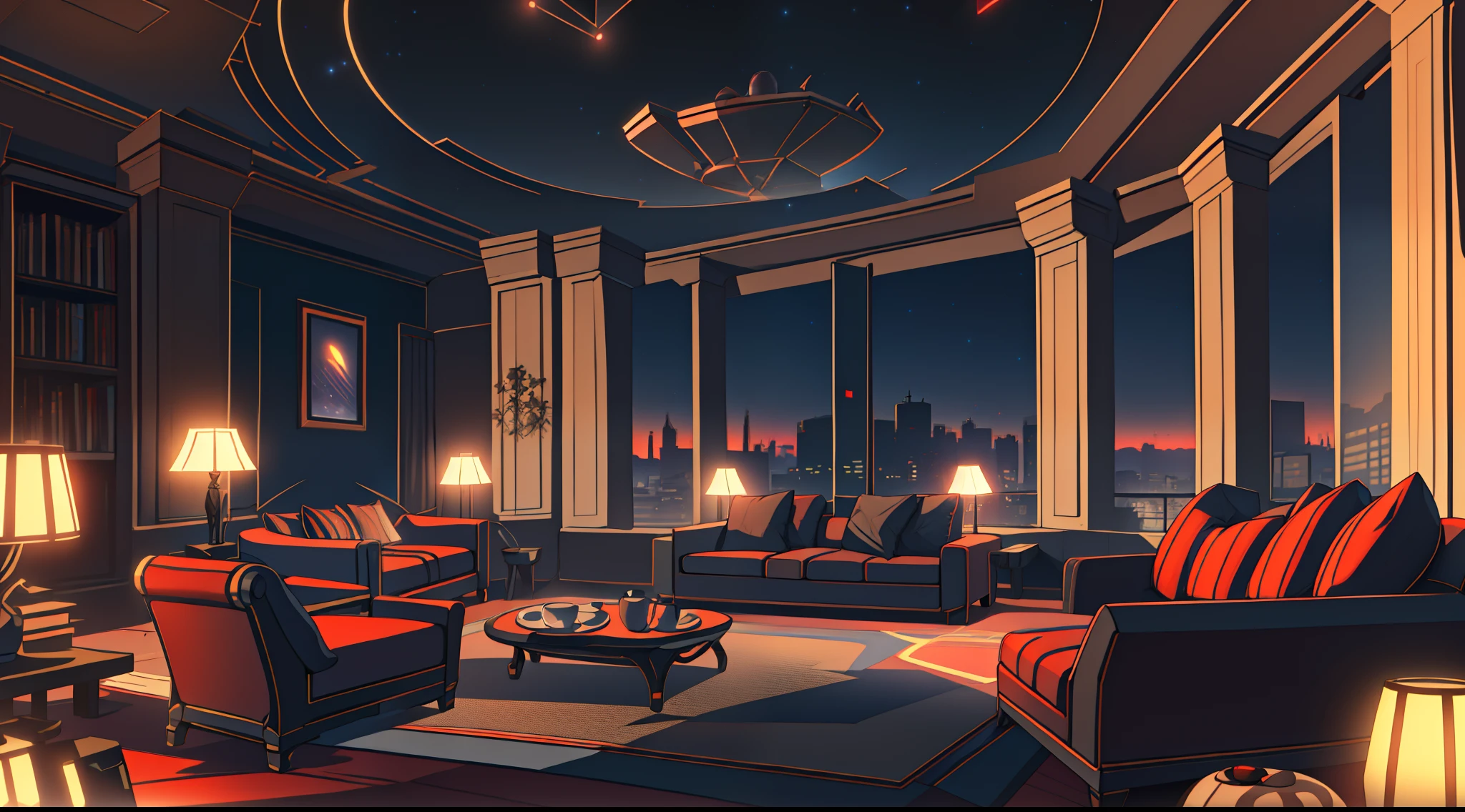Warm Light Source Cyberpunk Calm Night Tech Bedroom Computer Desk Microphone Light Computer Water Dispenser Small Fluorescent Starry Sky Smooth Floor Red Fox Deconstructivism Fragmentation Gorgeous Sculpture Floor-to-ceiling windows Lightweight Bed Camera Chair Game Interface Crimson Dark Environment Ambilight Living Room Sofa Afternoon Tea Coffee Table Leisure Time Fine Line Tyndall Effect Throw Pillow Gorgeous European Retro
