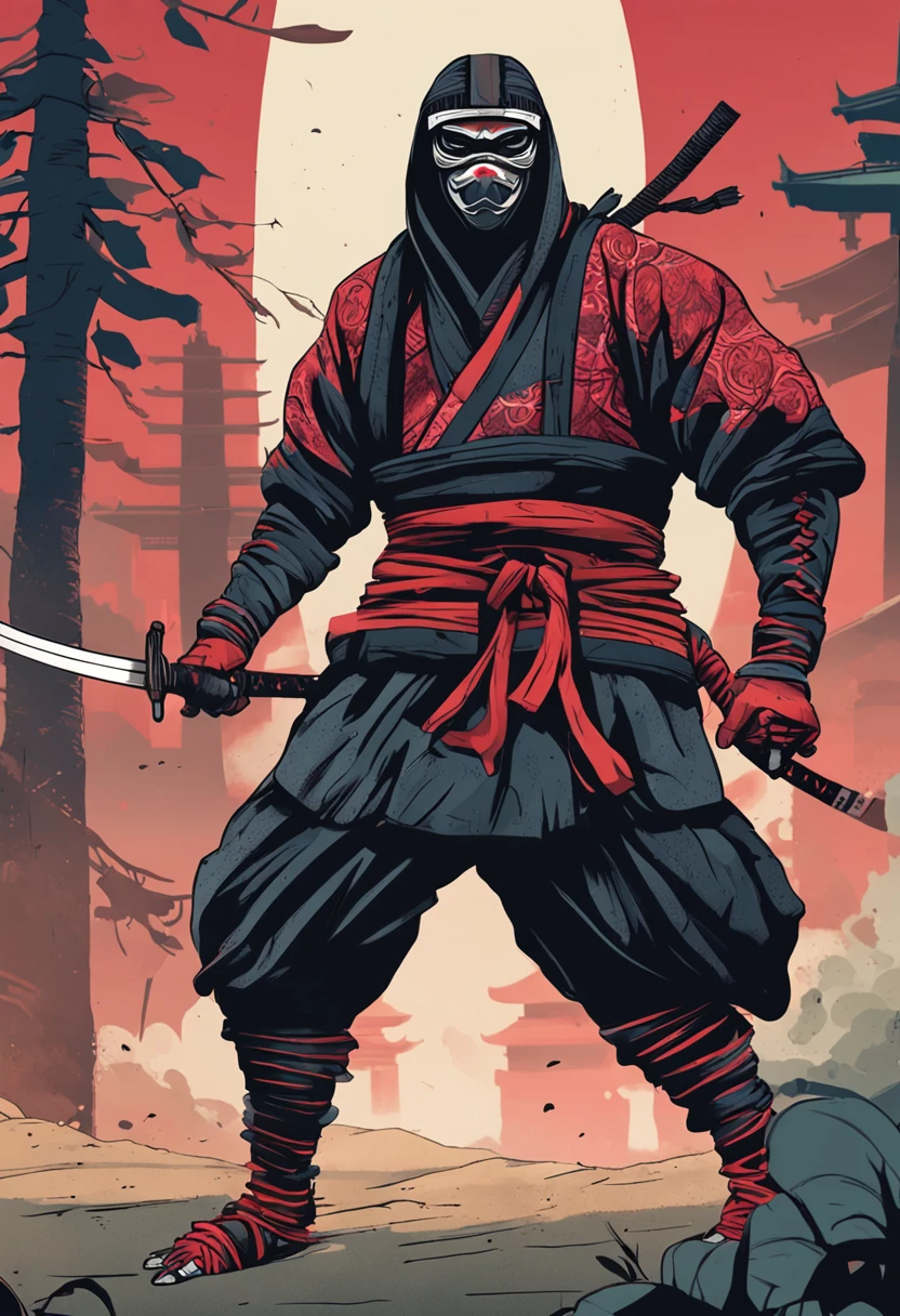 a ninja with a Japanese oni mask, com uma roupa preta, menacingly