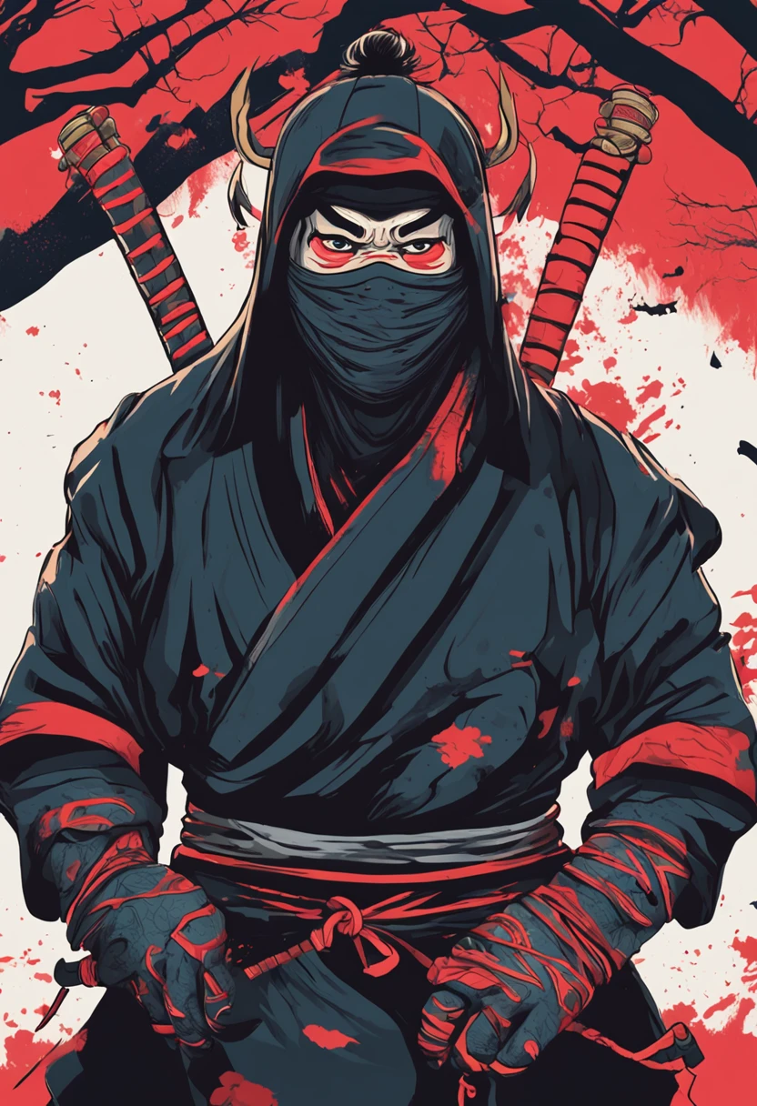 a ninja with a Japanese oni mask, com uma roupa preta, menacingly