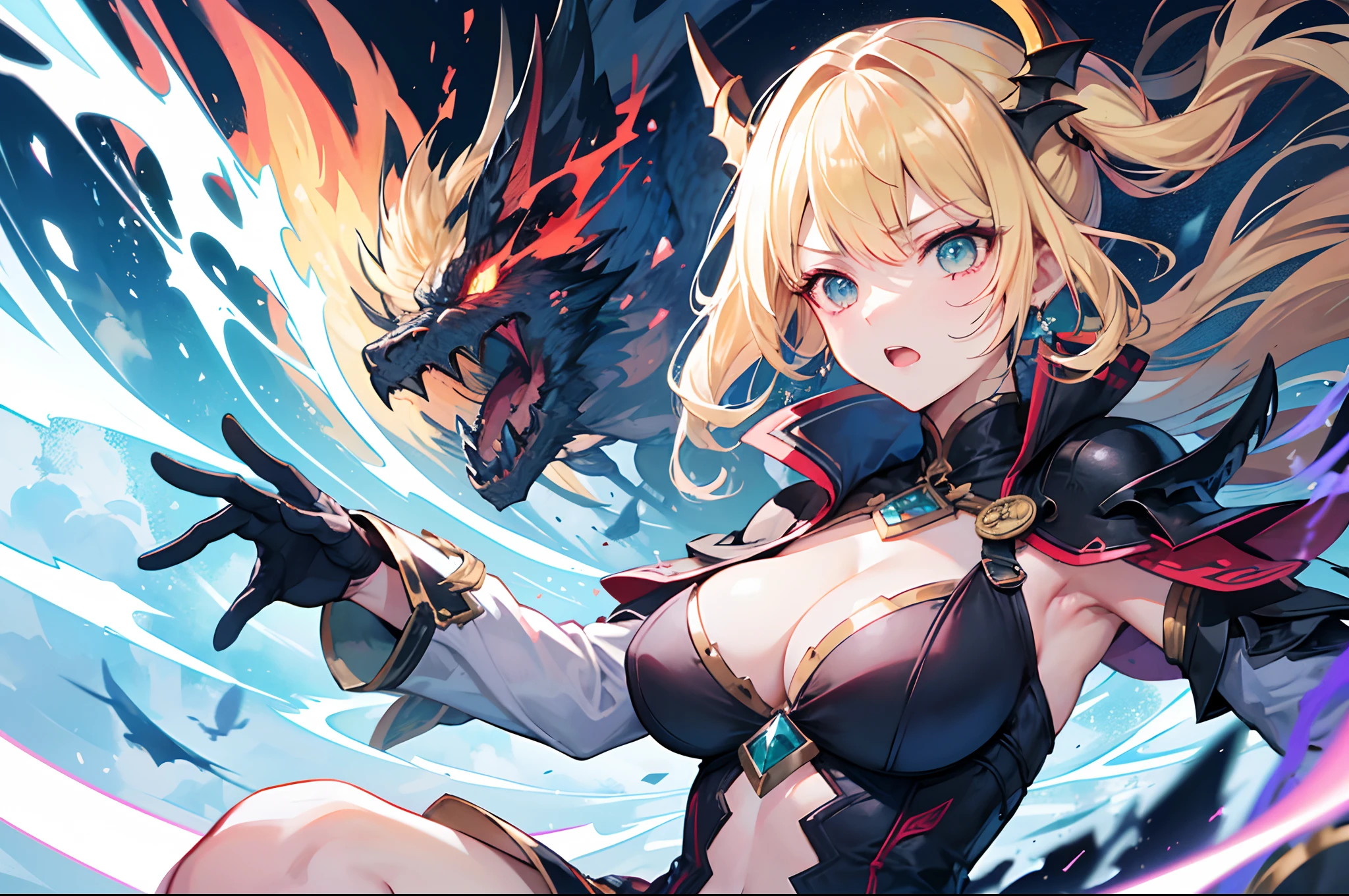 First was a girl with blonde hair whose emerald eyes ablaze with the intensity of her magic. With each wave of her hand, arcane energies swirled around her,

Across from her stood the formidable dragon girl, her scales gleaming in the light. With a graceful movement of her wings, she unleashed bursts of fire that clashed with the blonde girl's magical onslaught. The air crackled with energy as their forces clashed, creating a tempestuous storm of power and might.

As the battle raged on, the blonde girl's magic grew in intensity. She summoned gusts of wind, sending them whirling around the dragon girl, disrupting her fiery attacks. Bolts of lightning crackled from her fingertips, 

The dragon girl, undeterred, retaliated with a ferocity of her own. She lunged forward, her powerful tail sweeping through the air, threatening to knock the blonde girl off her feet. Flames erupted from her mouth, aiming to engulf her opponent. 
, the rising sun cast its warm glow upon the fierce combatants. The light illuminated their determined faces, highlighting the determination and resolve etched into their features. Each clash of magic and scale echoed through the land, a testament to their incredible abilities and unwavering determination to triumph.

With a final surge of power, the blonde girl unleashed a spell of immense magnitude. A torrent of magic surged forth, enveloping the dragon girl in a dazzling display. In that moment, scales and magic intertwined, creating a mesmerizing spectacle that illuminated the battlefield. dragon girl faltered, her flames diminishing as she succumbed to the blonde girl's overwhelming magic. With a triumphant cry, the blonde girl emerged victorious, her power resonating through the air. The dragon girl, though defeated, acknowledged her adversary's strength and bowed her head in respect  so, the legend of the blonde girl and the dragon girl's epic battle, their clash of magic and scales, echoed through the , .