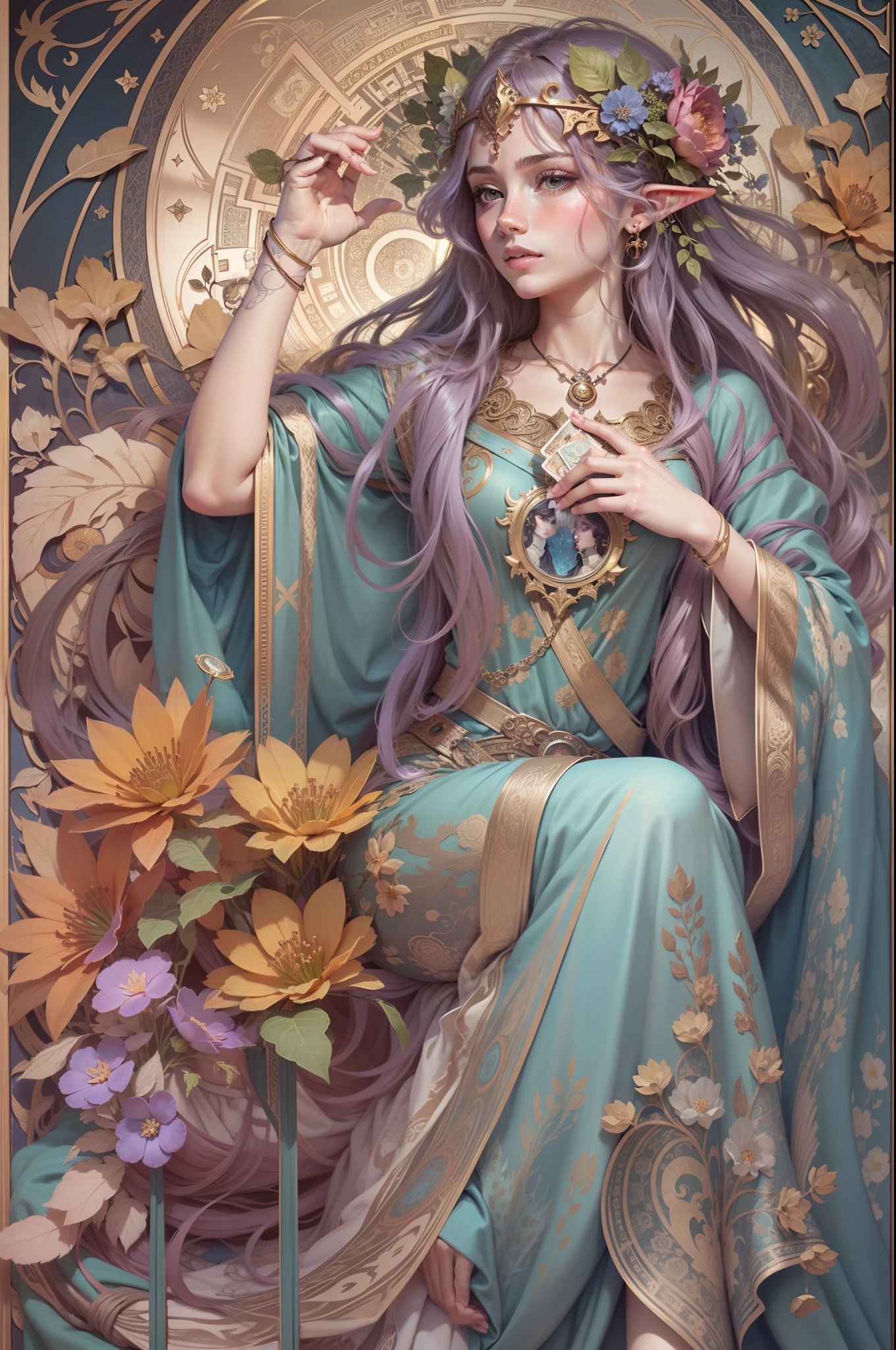 1 elf girl，woman, upper body，Green eyes，european elf face portrait，long shapeless hair, Shiny skin, Detailed face, wearing patterned robe， Sumeru，Clouds, moon，tarot card layout，Best quality, Masterpiece, (Realistic:0.6), Realistic lighting,Flower frame， Decorative panels， abstract artistic， Alphonse Mucha （tmasterpiece， best qualtiy， A high resolution： 1.4）， A detailed， Complicated details， 4K，cerulean， Line art， Fibonacci