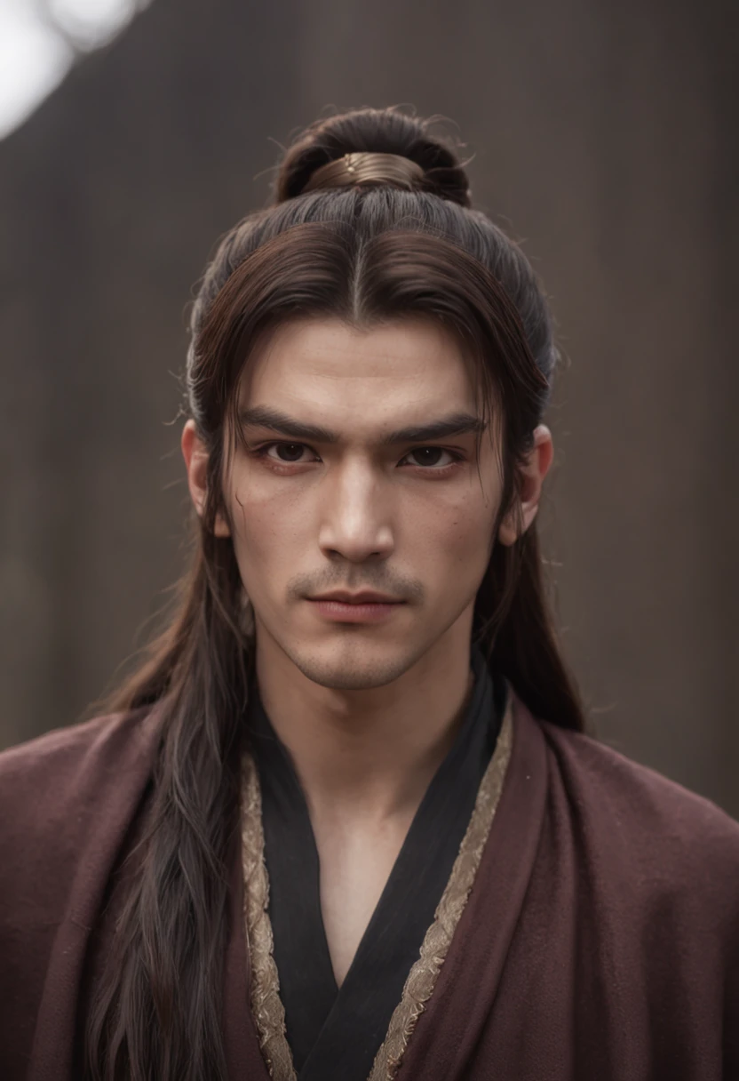 Male, tall, structured face, long brown hair tied up in a half bun, dark eyebags, scar on left eyebrow, strong eyebrows, looks moody, broad shoulders, mage, dark turtleneck robe, fantasy, masterpiece, 4k, bloom, anatomically correct, highly detailed, american