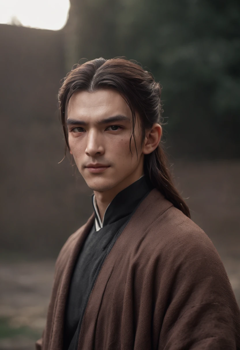 Male, tall, structured face, long brown hair tied up in a half bun, dark eyebags, scar on left eyebrow, strong eyebrows, looks moody, broad shoulders, wielding a spectral sword, mage, dark turtleneck robe, fantasy, masterpiece, 4k, bloom, anatomically correct, highly detailed