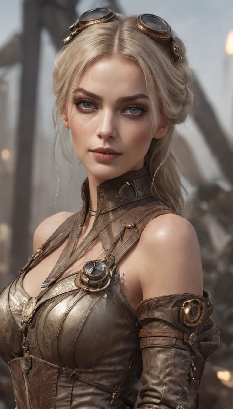 margot robbie as beautiful stunning steampunk woman, (full body), ultra-detailed eyes, ultra-detailed body, nice perfect face with smooth skinice, stunning female body, ((ultra-detailed hands)), masterpiece concept fantasy art, trending on Artstation, hyper-detailed, digital art, unreal engine, 32k, ultra HD, image centered, artwork by Luis Royo and artgerm and greg rutkowski and Alphonse Much