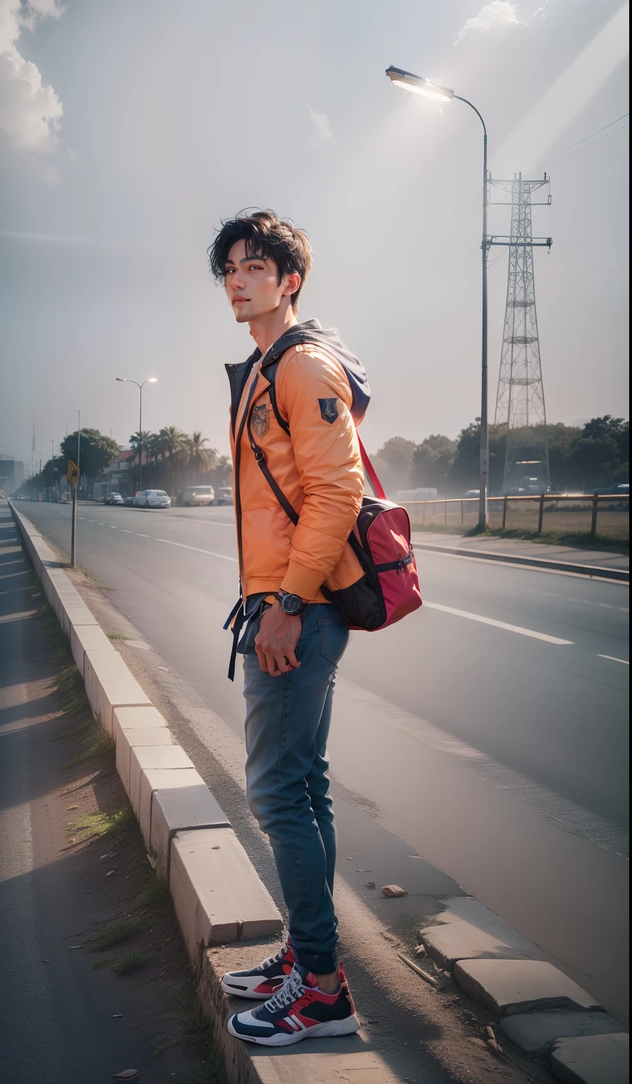 Increase brightness，The background color is more vivid，rays of sunshine，Handsome，photorealestic