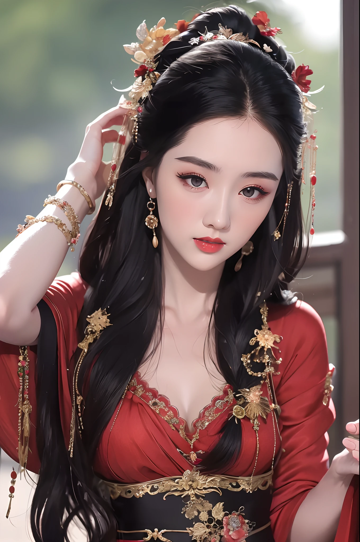 1 Very beautiful queen Medusa dressed in Hanfu, Thin red silk shirt,With many yellow patterns, Black lace top, Long hair dyed black, beautiful hair ornaments, Extremely detailed and delicate jewelry, Gold jewelry, Red ruby set necklace, Nice face Beautiful, Perfect face, Earring jewelry, Head and hair ornaments, Antique jewelry, Big eyes, Sharp eye makeup, Fine makeup eyelashes, Thin eyebrows, High nose, Nice red lips, no smile, ((Closed mouth:0.9)), pursed lips, rosycheeks, Breast augmentation, Round lift breasts, Moderately large breasts, Well-proportioned breasts, Slim waist, Slim waist, Red mesh stockings with black lace, chinese hanfu style, Fictional art patterns, The colors are vivid and true to life, RAW photos, Realistic photos, ultra high quality 8k surreal photos, Cool photos, (Virtual light effects: 1.8), 10x pixel, Magic effects (Background): 1.8), opens his eyes wide, Super detailed eyes, Beautiful girl body portrait, Girl Alone, ancient hanfu background, head straight-looking at viewer, Wide original photo, 8K quality, Super sharp, Detailed and clear pictures are best, Detailed light background,
