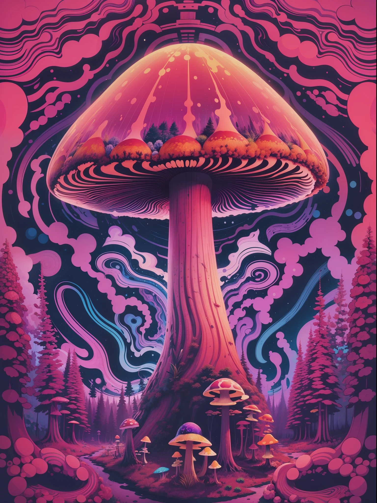 Psychedelic one Mushroom with abstract background Hippie, Hallucination, Hyperdetailed, Retrowave, Psychedelia Psychedelica film 35mm