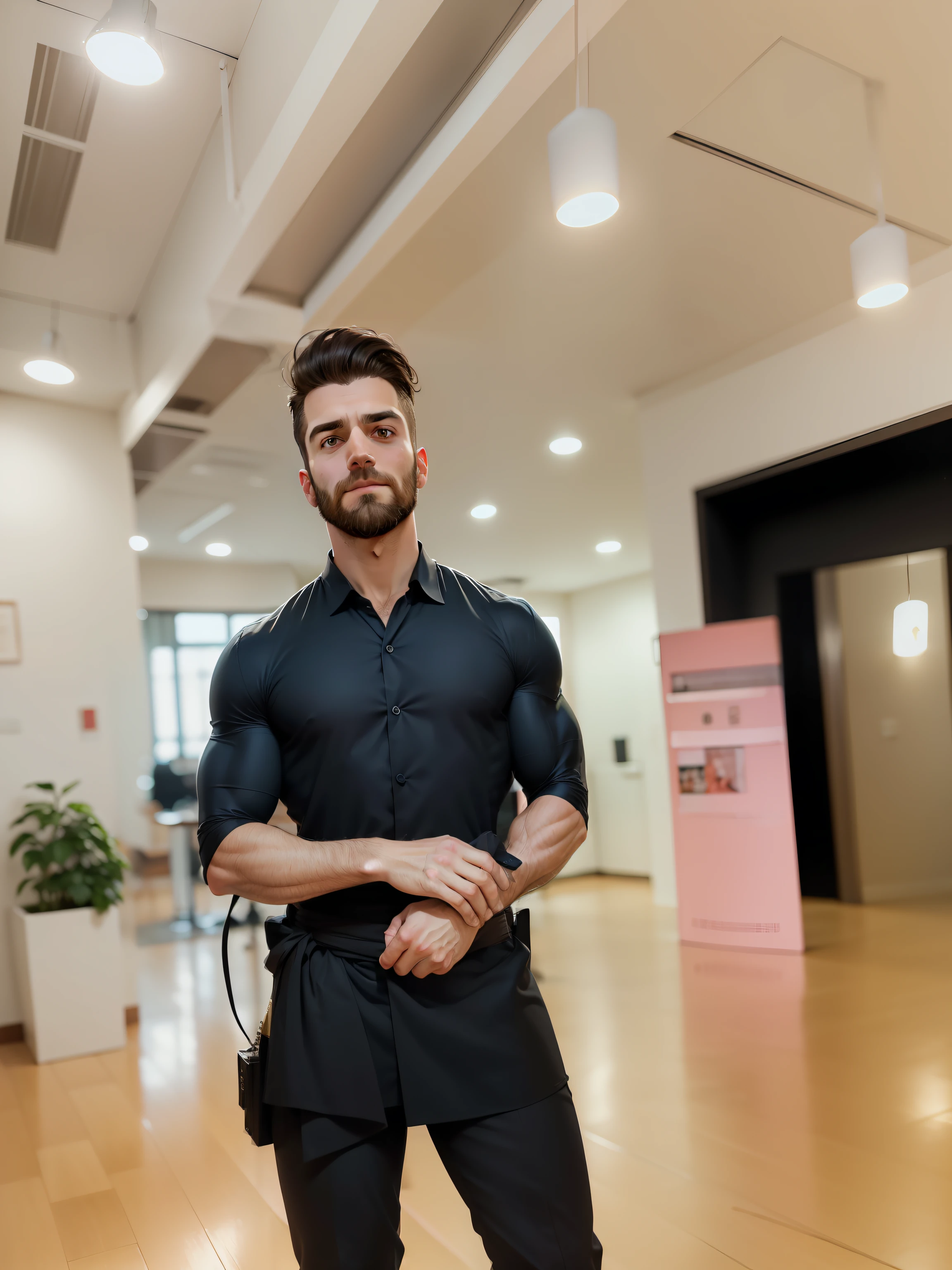 homem com uma barba grande e cabelos longos da cor branca , com musculos, with his two arms up holding a lightning bolt, In an environment that is the CEU, His eyes are white with a small energy coming out of them, Your dress is a great peplos, olhando para a camera fixamente