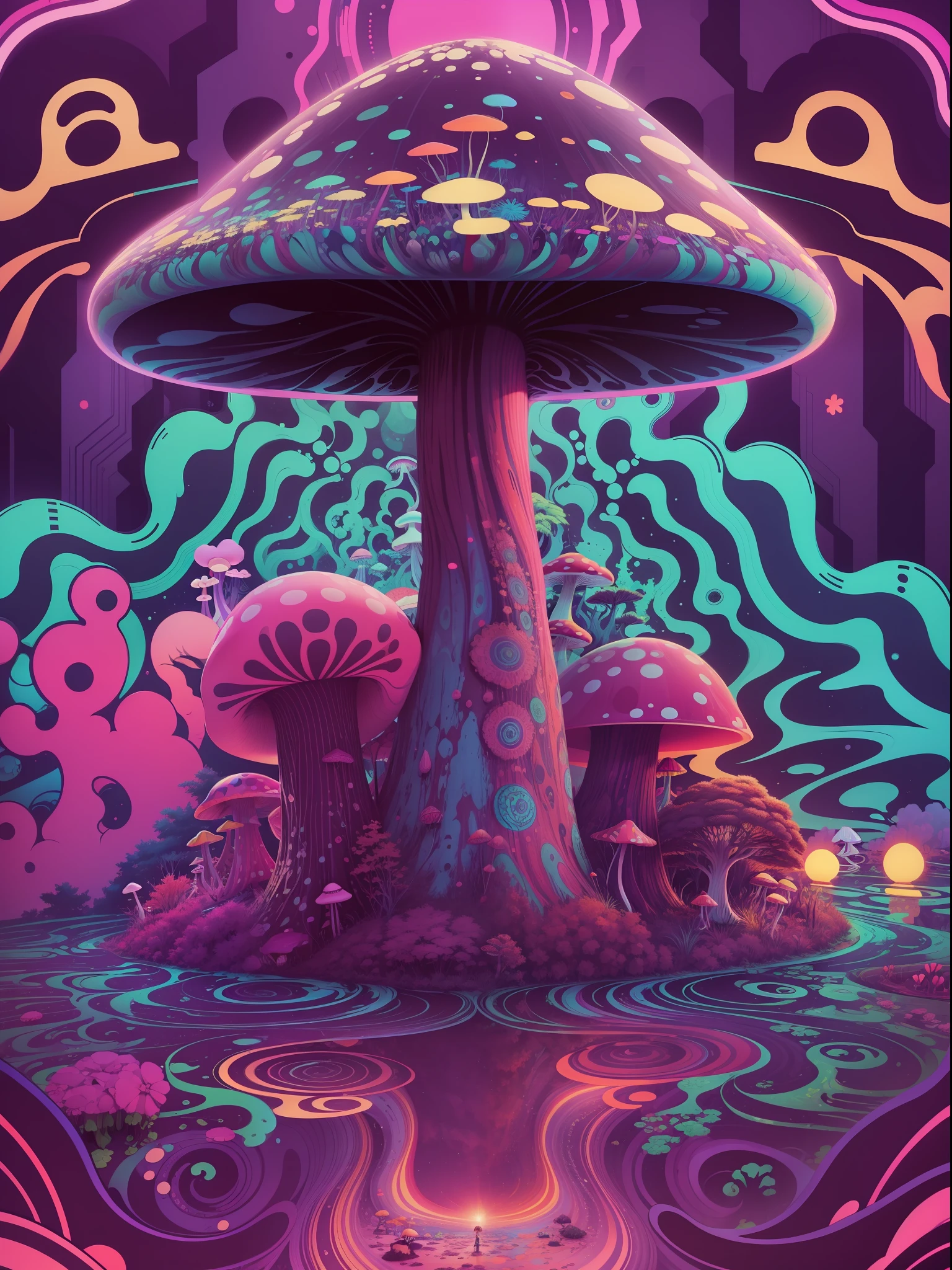 Psychedelic one Mushroom with abstract background Hippie, Hallucination, Hyperdetailed, Retrowave, Psychedelia Psychedelica film 35mm