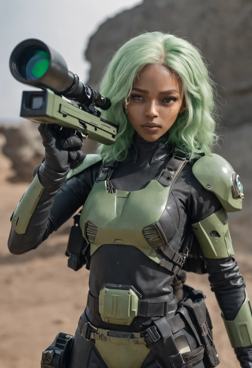 REALISTIC ANIME STYLE, JAPANESE ANIME, REAL ANIME, RAGE UNLEASHED, ANGRY,  binoculars eyes, african american old man, white long beard cyborg soldier CAMERA LENSE HELM, ZOOM LENS GUN, GREEN HAMMER, GREEN CURLY SHORT HAIR, REFLECTIVE LENS EYES, heavy mecha armor, cybernetic, cyberpunk SPY, on planet venus, wasteland, apocalypse, barren venus planet, cinematic, volume lighting,