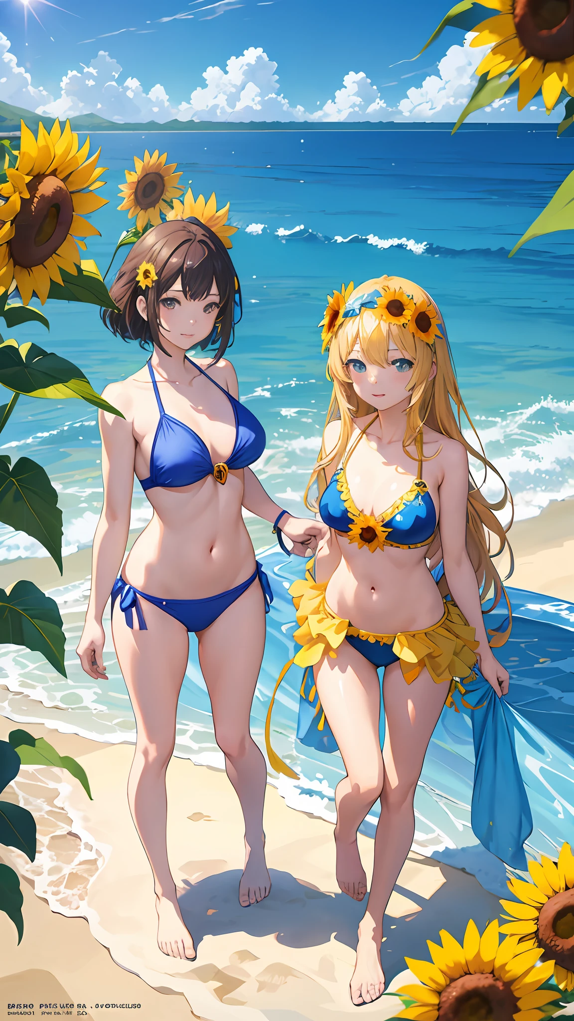 Anime girl and sunflower in bikini on background, Beautiful sunflower anime girl, anime moe art style, marin kitagawa fanart, realistic bikini, Hot with shining sun, Blue Bikini, Seductive Anime Girl, attire: bikini of, goddess of summer, Anime art wallpaper 8k, wearing a swimming wear, Swimsuit, blue sunshine, zerochan art, Pixiv Contest Winner