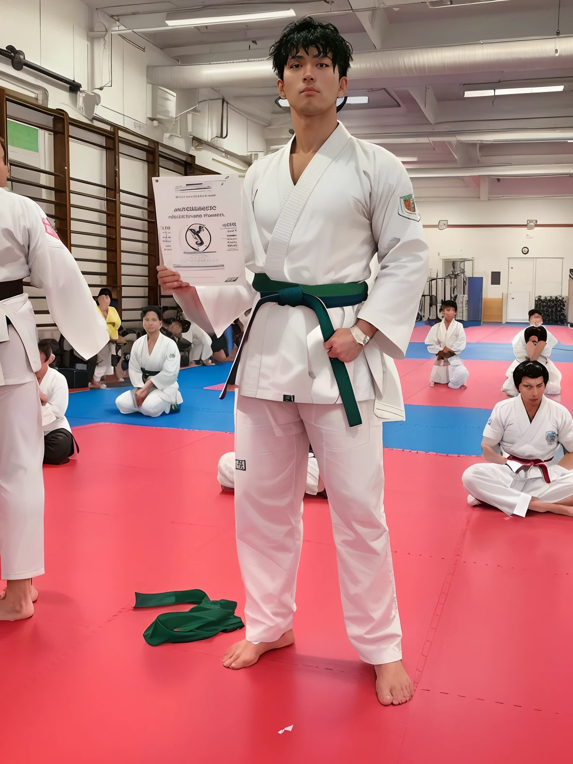 there are two men standing in a gym with a certificate, wearing a white gi, white belt, grading, competition winning, 2 0 2 0, 2020, in a dojo, 2 0 1 9, 2019, karate, wearing only a green robe, karate outfit, wearing white robes!, martial arts tournament, matoko shinkai