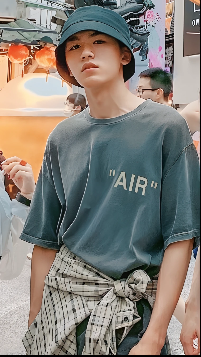 there is a man that is standing in the street with a hat on, trending on r/streetwear, jinyoung shin aesthetic, street wears, wearing a t-shirt, park jimin, aesthetic!!!!!!!!!!, streetwear fashion, japanese streetwear, casual streetwear, wearing a shirt, casual clothing style, grunge aesthetic, aesthetic!!, simple aesthetic, tumblr aesthetic, an aesthetic!