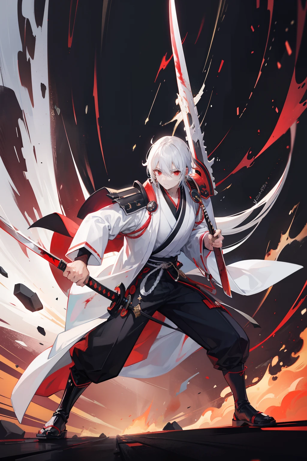 2boys，cabelos preto e longos，Red-eyed teenage man，Stand on an empty street at night，extreme hight detail，White jacket，Black Hakama，Aoba Ori，Holding a huge blood-colored weapon in one hand，A Japanese style，Intimidating，Engulfed in flames、Sword，wall-paper，CG compositing，Japan best swordsman、action、Glowing eerily with lightning、worn-out