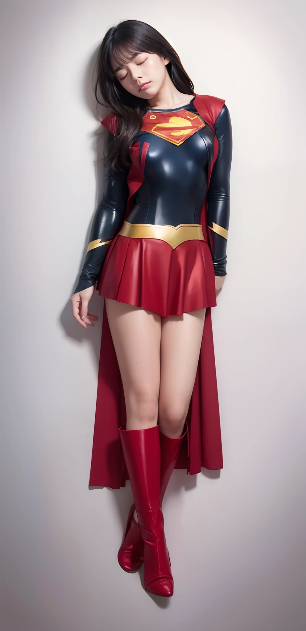 (((Make the most of the original image)))、(((Wear black tights)))、(((Supergirl Costume)))、(((lustrous dark hair)))、(((Suffering)))、(((lying back on)))、(((red cloak)))、(((Black tights)))、((Top image quality、8K))、((top-quality、8K、masterpiece:1.3))、Crisp focus:1.2、Beautiful woman with perfect body shape:1.4、Slender Abs:1.2、((layers-Cut、beautiful boob:1.2))、a wet body:1.5、Highly detailed facial and skin texture、