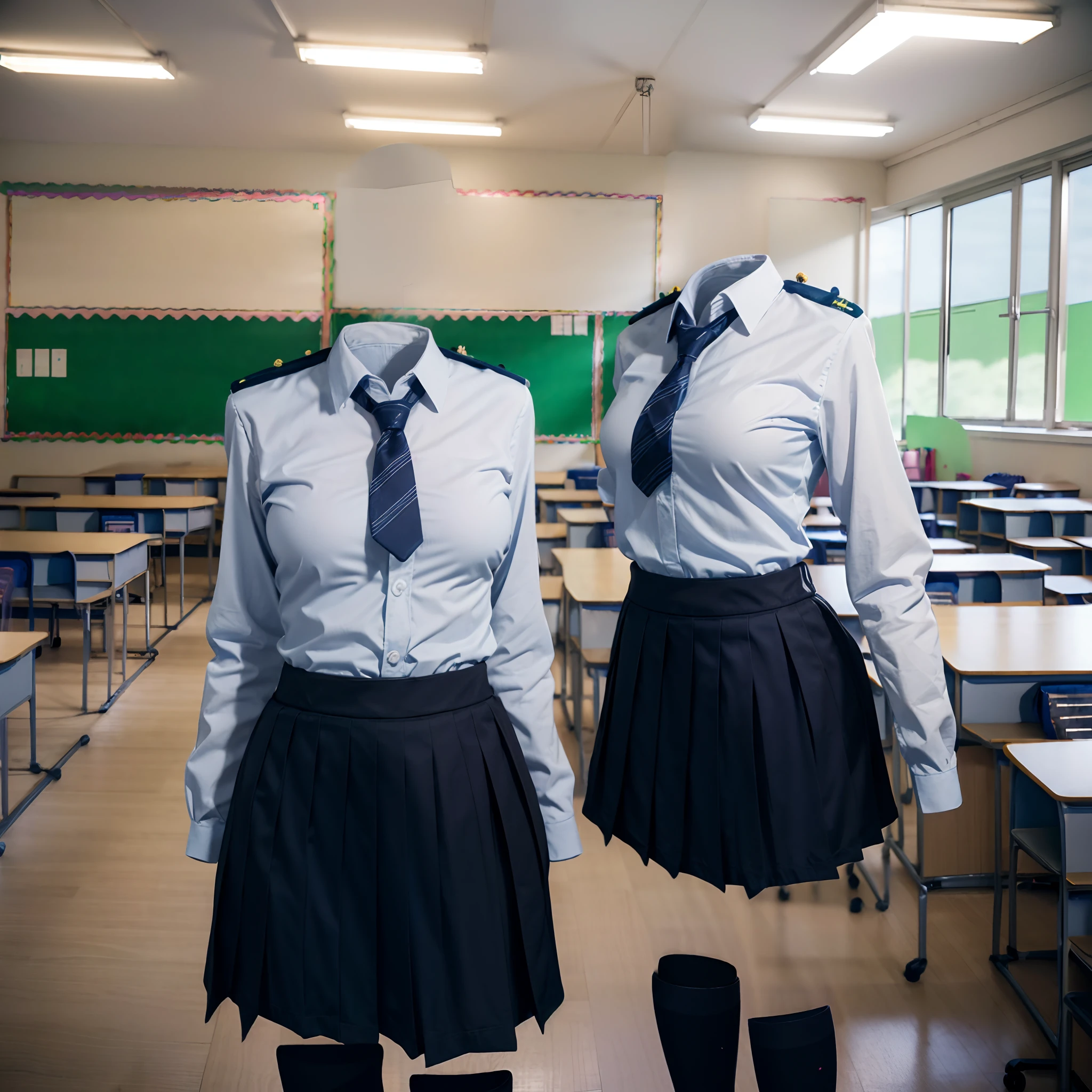 (girls' school uniforms in classroom:1.9) , (school uniforms in classroom swell as if worn by invisible girls:1.8), ((invisible, no humans:1.5, headless:1.5, handless, legless)), (big breasts:1.6),
(8k, RAW photo, best quality, masterpiece:1.2), (realistic, photo-realistic:1.37),photon mapping, radiosity, ((Hasselblad photography)),physically-based rendering,