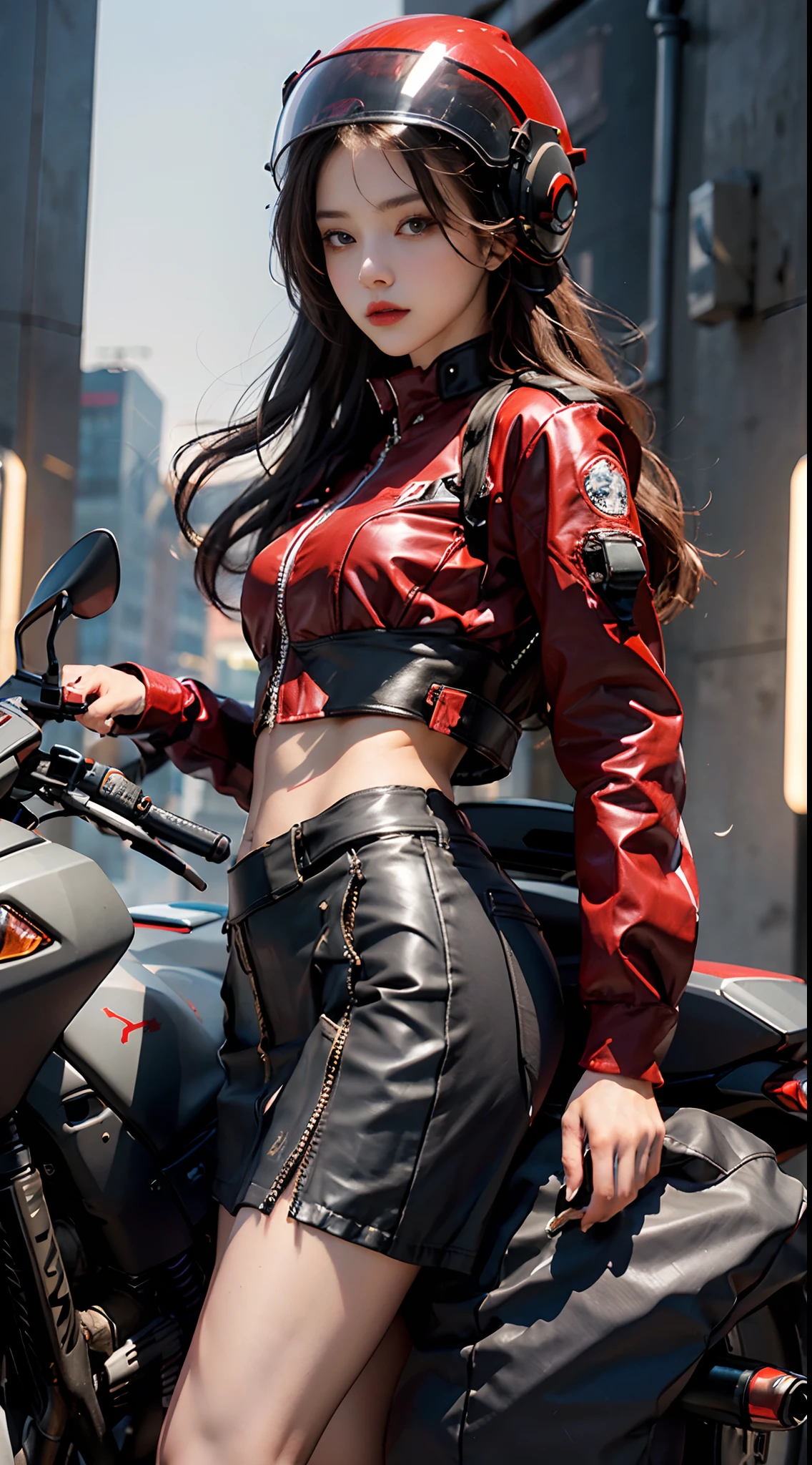 Highest image quality, outstanding details, super high resolution, (fidelity: 1.4), the best illustration, favor details, highly condensed 1girl, with a delicate and beautiful face, dressed in a red-black mech, (torn clothes: 1.5), (skirt), wearing a mecha helmet, holding a directional controller, riding on a motorcycle, the background is a high-tech lighting scene of the future city.