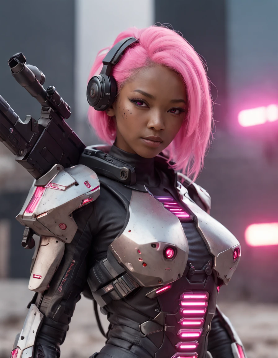 REALISTIC ANIME STYLE, JAPANESE ANIME, REAL ANIME, RAGE UNLEASHED, CRAZY SMILE, HAPPY, INSANE, afro asian cute woman cyborg soldier HEAVY CYBERNETIC ARMOR, NEON PINK SNIPER RIFFLE, SNIPER RIFLE glowing PINK eyes, BIG COOL CYBERNETIC HOODIE JACKET WITH cyber armor, cybernetic, cyberpunk SNIPER, on planet venus, wasteland, apocalypse, barren venus planet, cinematic, volume lighting,