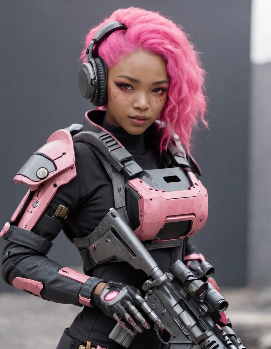 REALISTIC ANIME STYLE, JAPANESE ANIME, REAL ANIME, RAGE UNLEASHED, CRAZY SMILE, HAPPY, INSANE, afro asian cute woman cyborg soldier HEAVY CYBERNETIC ARMOR, NEON PINK SNIPER RIFFLE, SNIPER RIFLE glowing PINK eyes, BIG COOL CYBERNETIC HOODIE JACKET WITH cyber armor, cybernetic, cyberpunk SNIPER, on planet venus, wasteland, apocalypse, barren venus planet, cinematic, volume lighting,