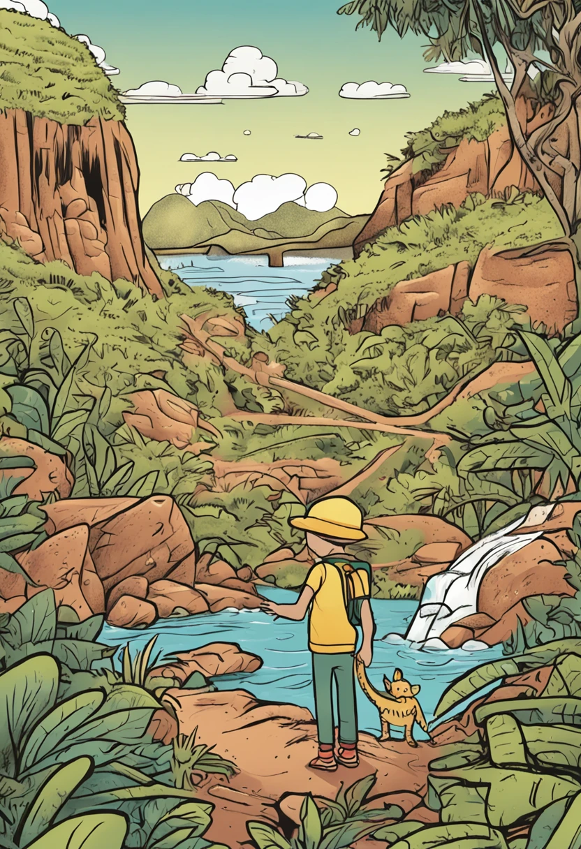 menino segurando lagarto, desenho infantil, capa de livro, Adventure in the Northeast Sertão,brasil,cores vibrantes