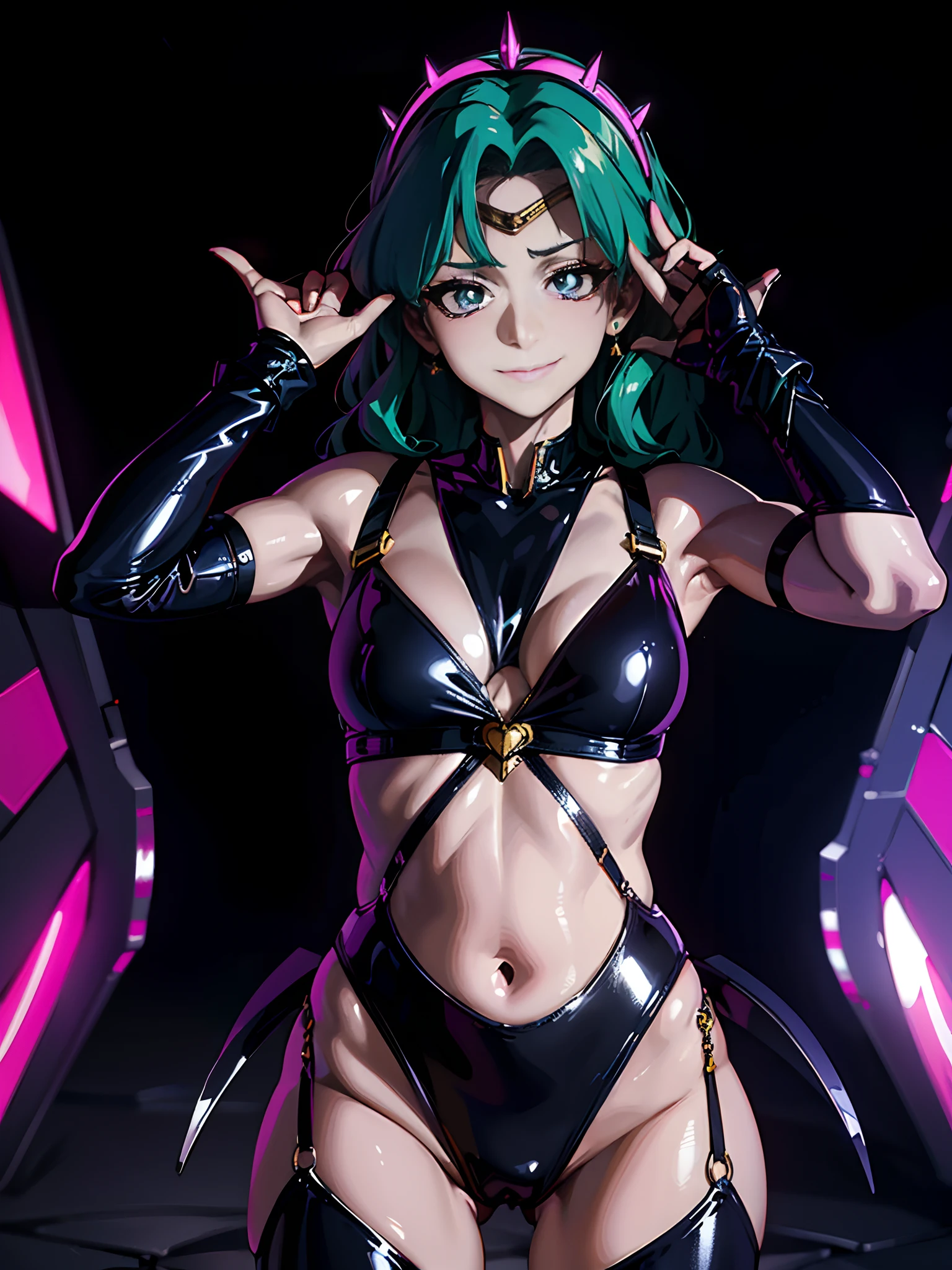 Sailor Neptune of the Fall。female solo. Brainwashed eyes。Evil costume. nefarious smirk。Latex Costume. Full Body Stockings. Futuristic machine background.