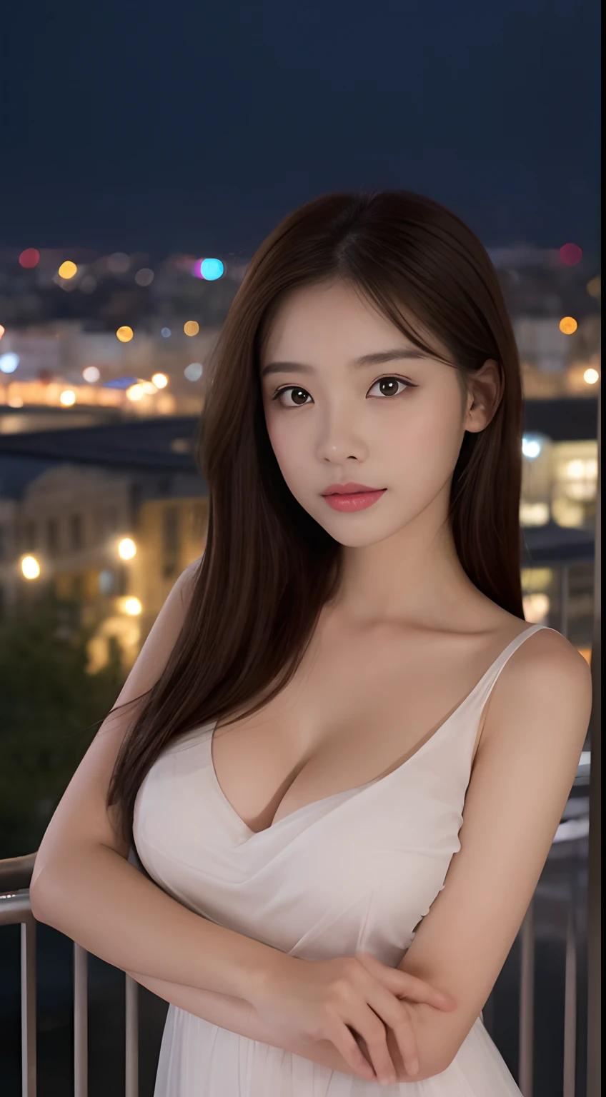 ((Best quality, 8k, Masterpiece: 1.3)), Selfie, Sharp focus: 1.2, Cute beautiful woman with perfect body: 1.4, Slim big breasts: 1.2, ((Brown hair dark, Big breasts: 1.2)) , (small transparent dress, half naked, highly detailed breasts, Happy expression, Standing: 1.2), ((Night view of the city with rain, Balcony simple: 1.3 making with the female being the main focus)), Highly detailed face and skin texture, Detailed eyes, Double eyelid