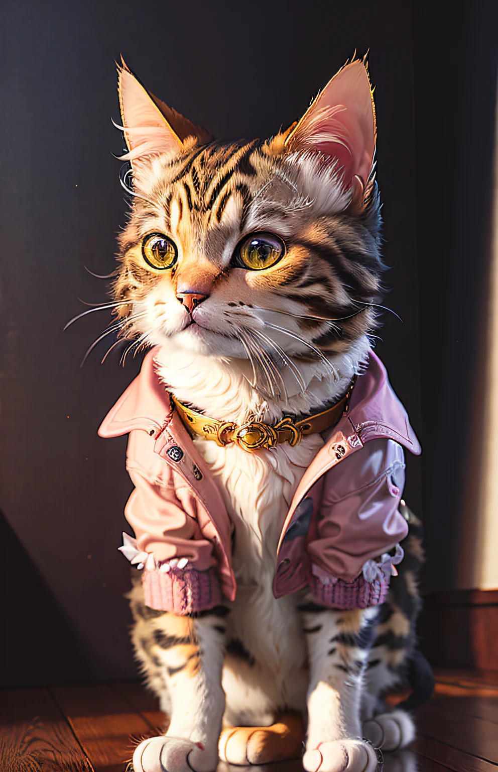 ((a cat in clothes)),,full shot,fluffy hair, anthropomorphic expressions, rich colors, exquisite details, masterpiece, realistic,artsation, cg, realistic, Unreal Engine , real light and shadow, beautiful rich colors, amazing details, high quality,a pair of ears