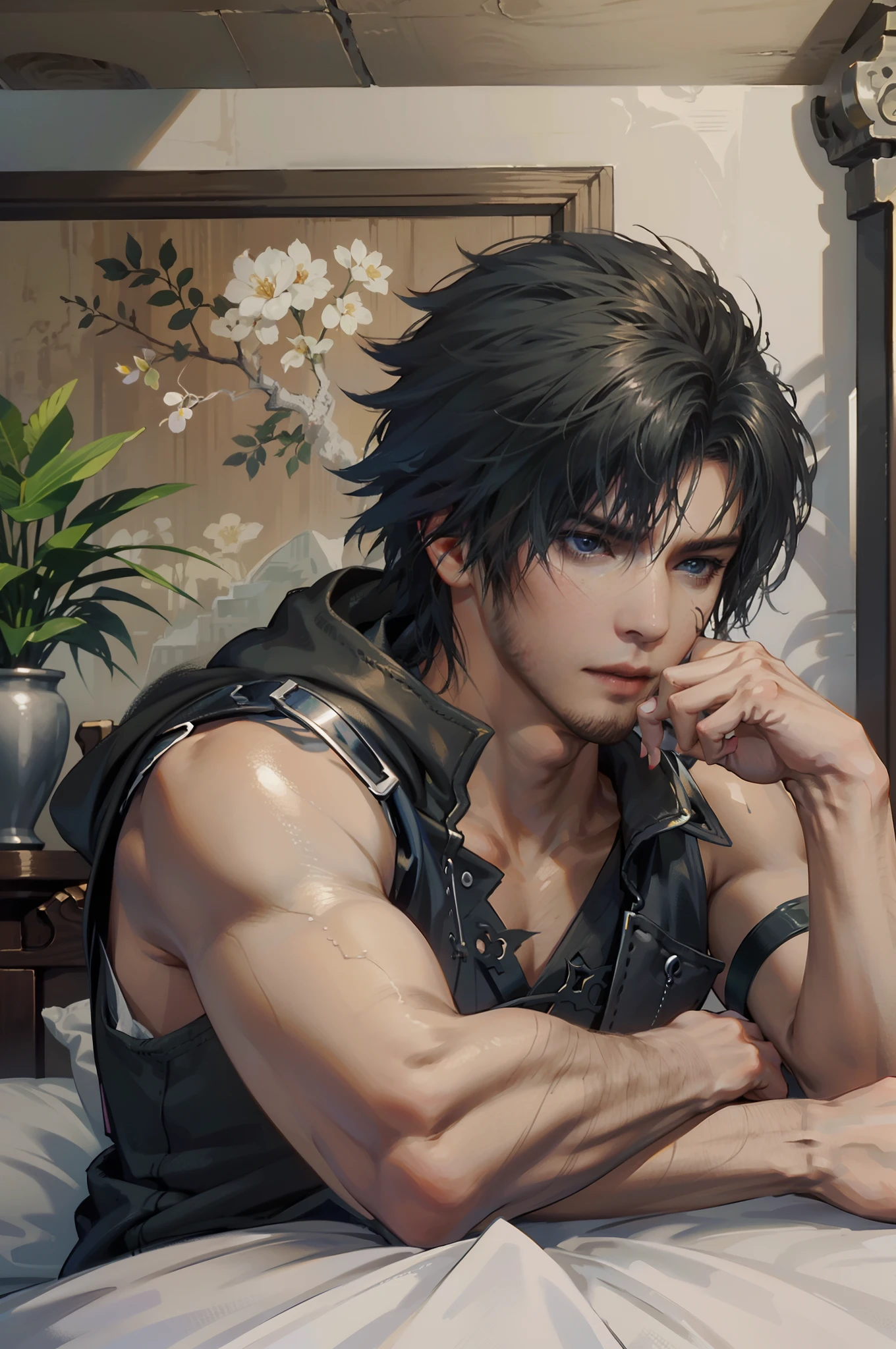 Final Fantasy, clive rosfield, abs, badass pose, Chico de anime en una cama con las manos en la cabeza, Hermosa pose de anime, Anime hombre guapo, Personaje masculino de anime, Badass Anime 8K, Arte detallado del personaje de anime, Concepto de anime HDR Anime WLOP, Chico anime, Anime CG arte suave, Fondo de pantalla de manga 4 k, inspirado Tetsuya Nomura, por Wallaper de anime