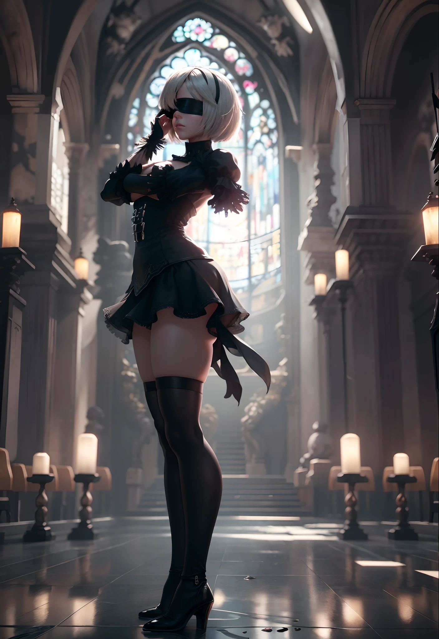 (Masterpiece, nier automata 2B with black blindfold on posing with her arms behind her head,1.5) (Best Quality, cinematic lighting: 1.5), Perfect Eyes, Perfect Face, Volumetric Lighting, sunlit atmosphere cinematic presentation,slight frills, Black Stockings, Seductive, background is a romantic nighttime cathedral setting, Super Close Shot, Very accentuated hourglass figure, skin is greasy. Goose bumps. Beautiful long legs