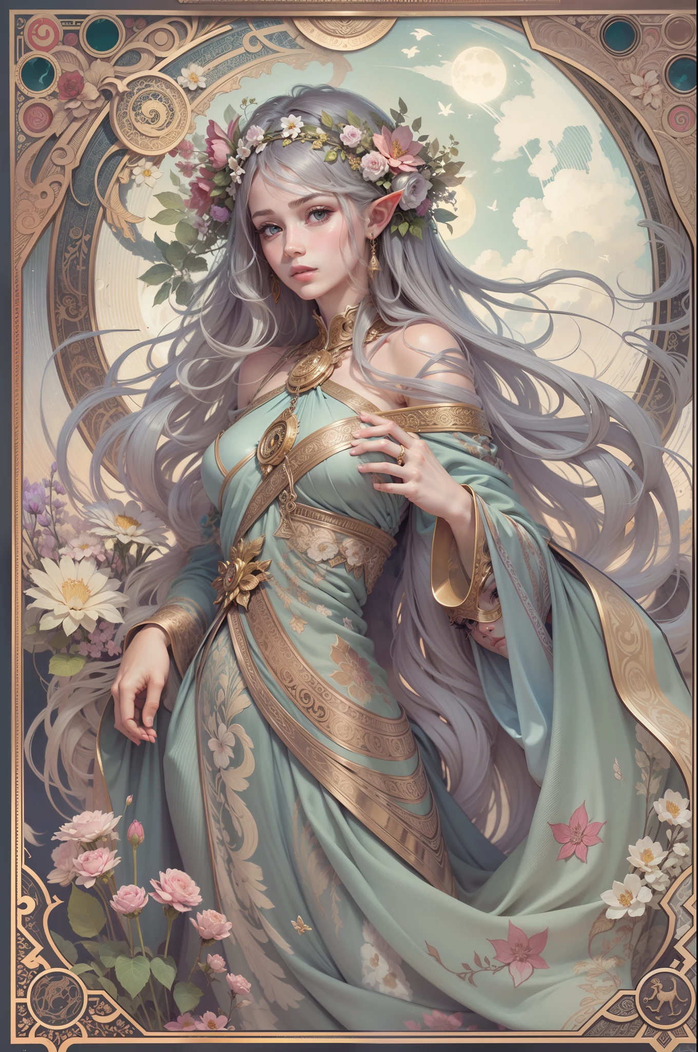 Tarot card, 1 elf girl,european elf face portrait,long shapeless hair, Shiny skin, Detailed face, wearing patterned robe, Sumeru,Clouds, moon,((tarot card layout)),Best quality, Masterpiece, (Realistic:0.6), Realistic lighting,Flower frame, Decorative panels, abstract artistic, (Alphonse Mucha) (tmasterpiece, best qualtiy, 8k, Extremely detailed, Complicated details, 4K,cerulean, Line art, Fibonacci.