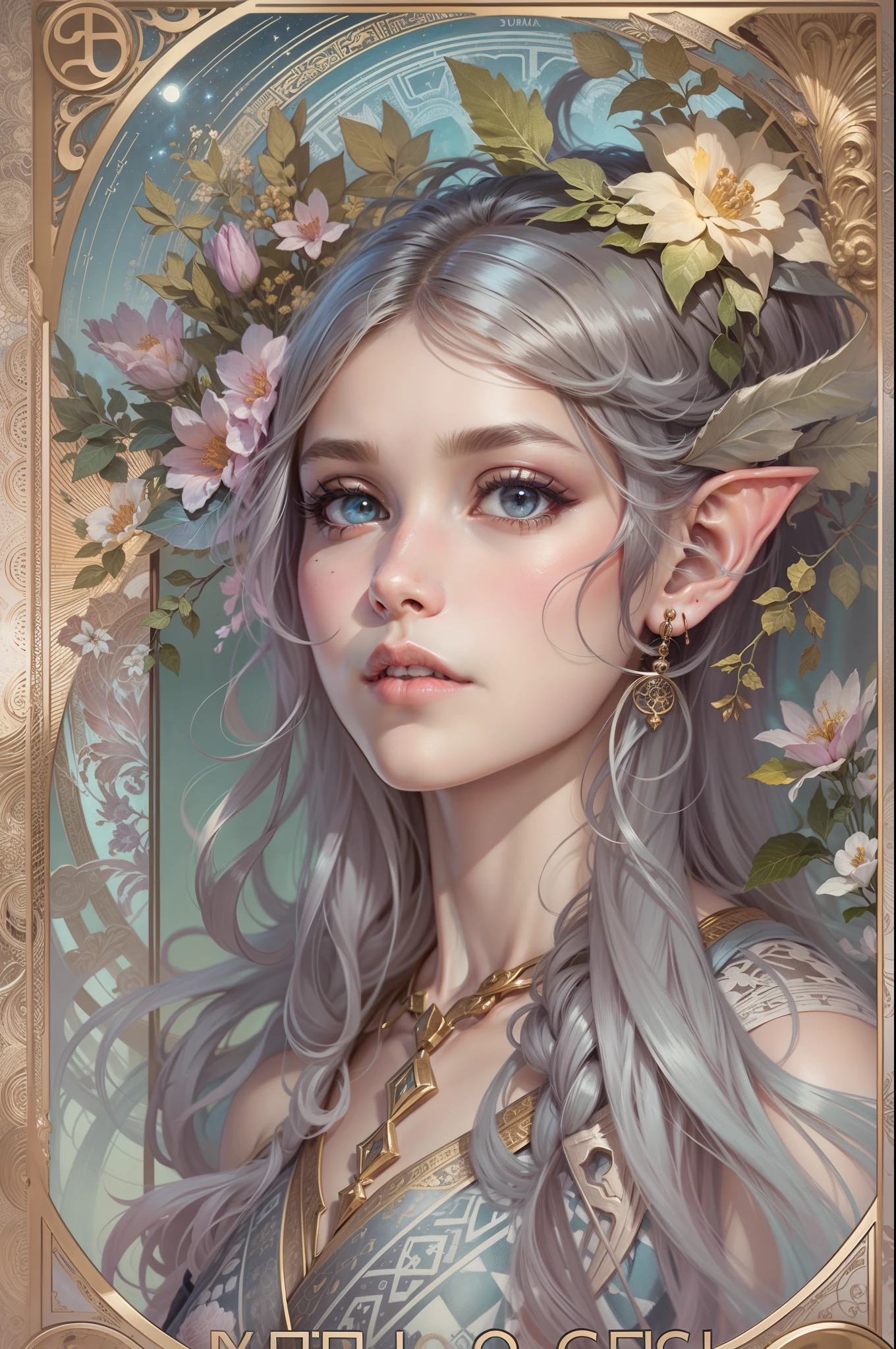 Tarot card, 1 elf girl，european elf face portrait，long shapeless hair, Shiny skin, Detailed face, wearing patterned robe， Sumeru，Clouds, moon，((tarot card layout))，Best quality, Masterpiece, (Realistic:0.6), Realistic lighting,Flower frame， Decorative panels， abstract artistic， (Alphonse Mucha) （tmasterpiece， best qualtiy, 8k, Extremely detailed， Complicated details， 4K，cerulean， Line art， Fibonacci.