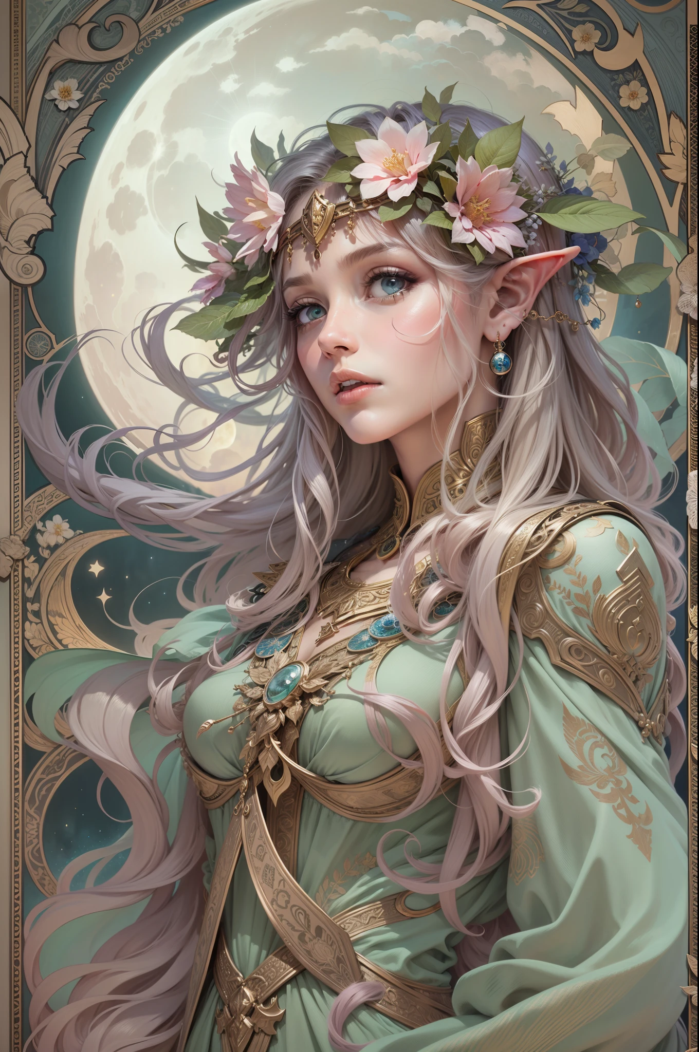 A tarot card of a gorgeous beautiful elf warrior queen, fractal magic, illustration in the style of Travis Charest, ink linework, poster, Elle Fanning model, cgsociety, fantasy art, detailed illustration, mystical, A botanical masterpiece, detailed, hyper-realistic, elemets of symbolism and surrealism, intricate design, intertwined, beautiful woman, flowers, pastel.