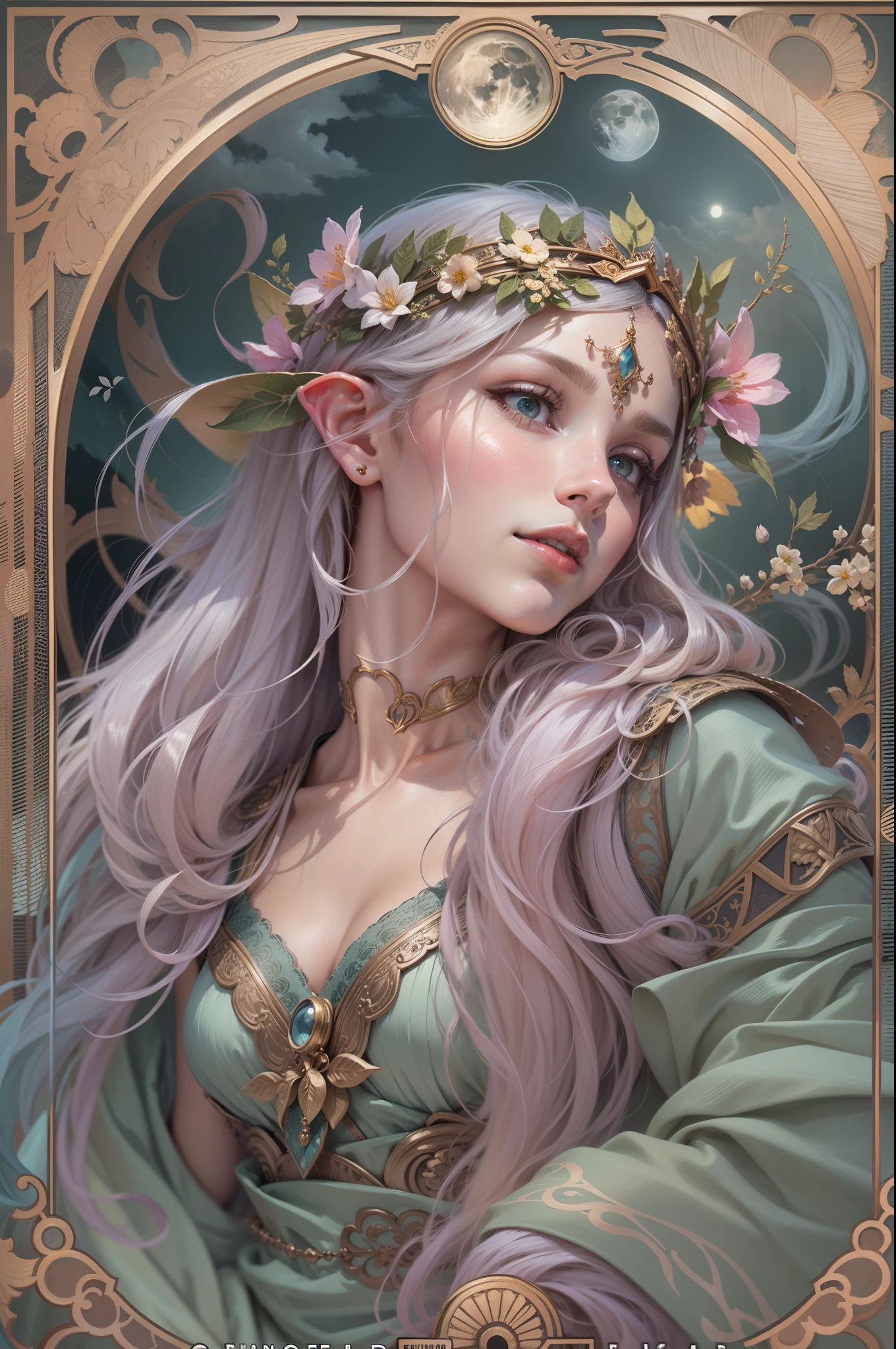 Tarot card, 1 elf girl，european elf face portrait，long shapeless hair, Shiny skin, Detailed face, wearing patterned robe， Sumeru，Clouds, moon，((tarot card layout))，Best quality, Masterpiece, (Realistic:0.6), Realistic lighting,Flower frame， Decorative panels， abstract artistic， (Alphonse Mucha) （tmasterpiece， best qualtiy, 8k, Extremely detailed， Complicated details， 4K，cerulean， Line art， Fibonacci.