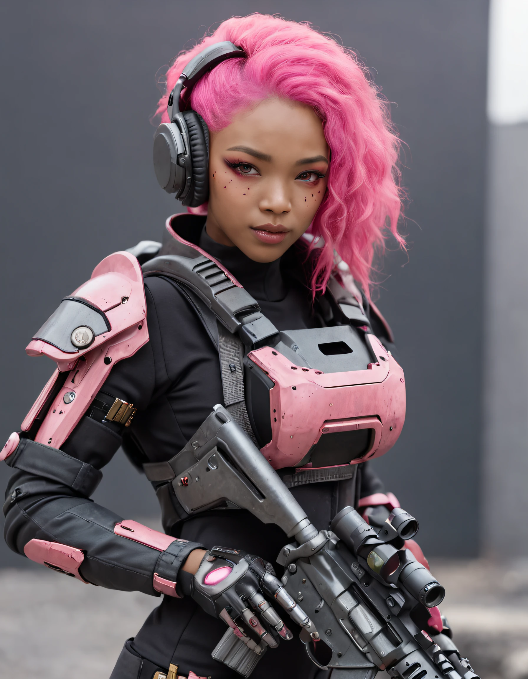 REALISTIC ANIME STYLE, JAPANESE ANIME, REAL ANIME, RAGE UNLEASHED, CRAZY SMILE, HAPPY, INSANE, afro asian cute woman cyborg soldier HEAVY CYBERNETIC ARMOR, NEON PINK SNIPER RIFFLE, SNIPER RIFLE glowing PINK eyes, BIG COOL CYBERNETIC HOODIE JACKET WITH cyber armor, cybernetic, cyberpunk SNIPER, on planet venus, wasteland, apocalypse, barren venus planet, cinematic, volume lighting,