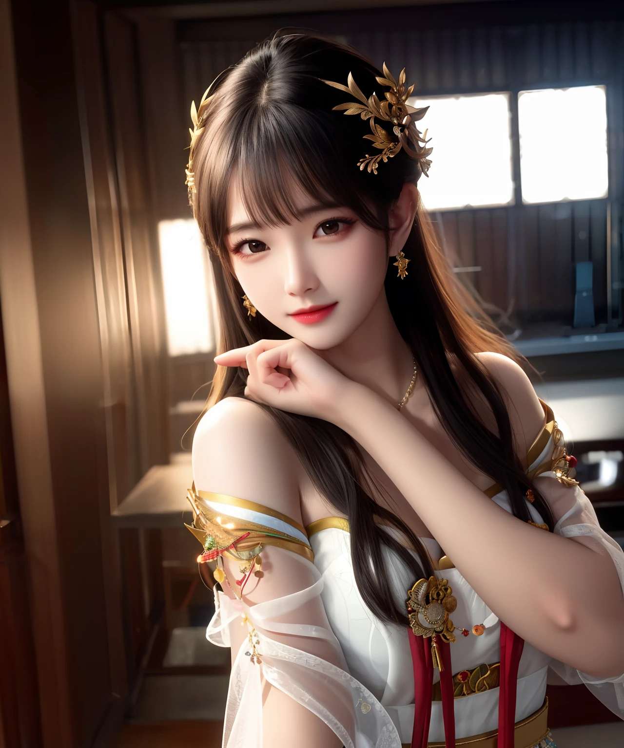 a beautiful shinto priestess with long straight brown hair, wearing a white robe with a red line from the shoulder to the waist, holding a silver scissors, with a golden hair accessory on the back of her head, standing in a shrine, close-up of the upper body, small golden triangular accessory on the forehead, (best quality,4k,8k,highres,masterpiece:1.2),ultra-detailed,(realistic,photorealistic,photo-realistic:1.37),extremely detailed eyes and face,longeyelashes,intricate details,ornate,sacred,spiritual,serene,atmospheric,warm lighting,muted colors
