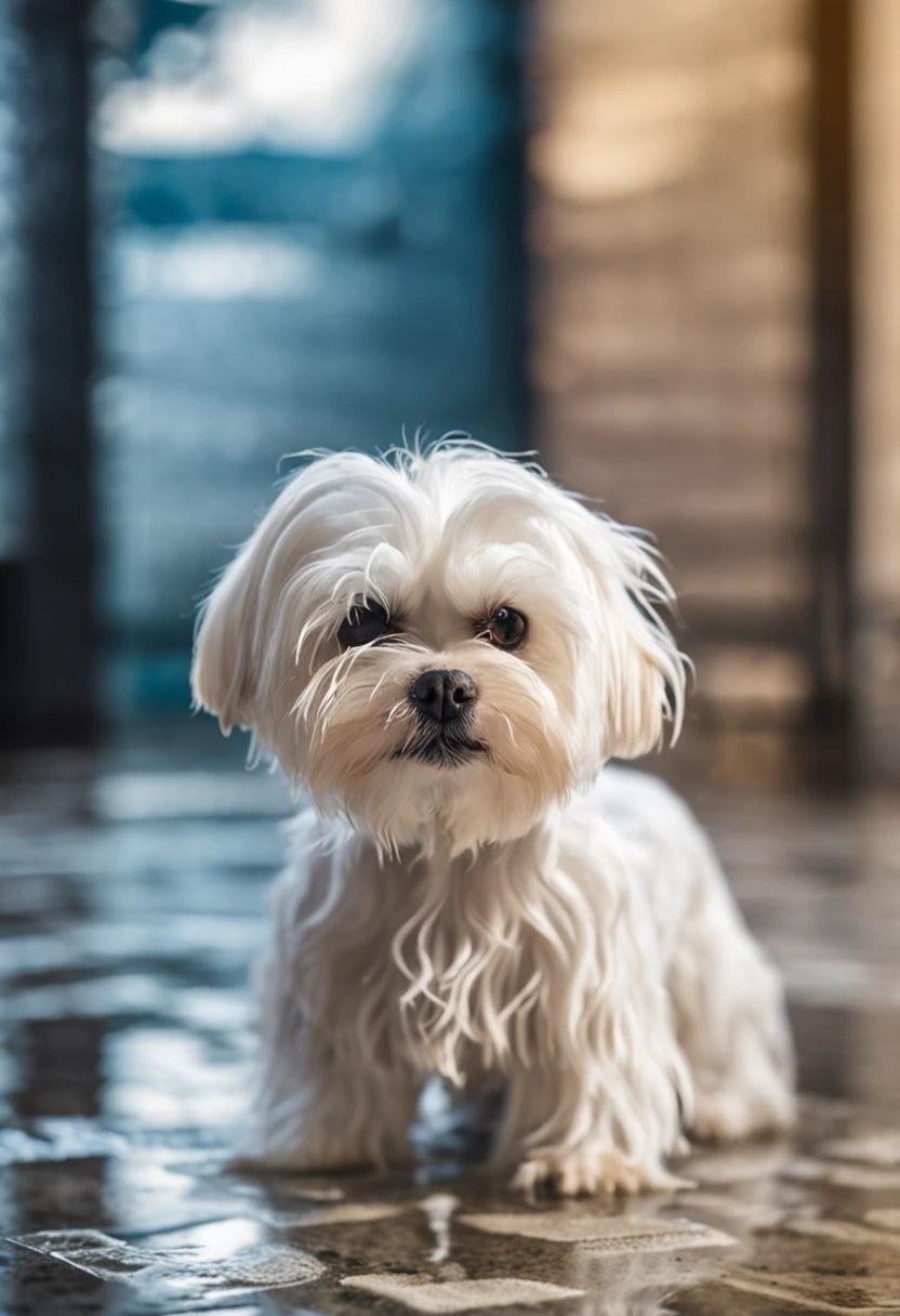 In the image in high resolution and high definition, We can see an adorable dog of the Maltese breed,wet white color after your bath. It is in a bright and spacious environment, onde a luz do sol entra pelas janelas, highlighting the drops of water that still cover your soft coat. The dog is standing on a shiny tiled surface, and their paws are delicately resting on the edges of a fuzzy carpet. Com um olhar animado e orelhas levantadas, The dog swings its body from side to side, in a funny attempt to get rid of the remaining water drops. Some droplets are in the air, capturando o movimento do cachorro no momento exato em que ele abana o corpo. Their happy expression and trembling action perfectly capture the infectious joy and playful spirit of the dogs after a refreshing bath
