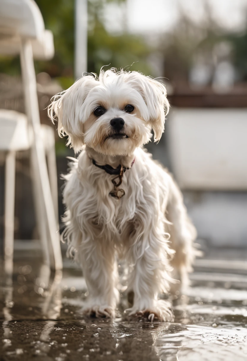 In the image in high resolution and high definition, We can see an adorable dog of the Maltese breed,wet white color after your bath. It is in a bright and spacious environment, onde a luz do sol entra pelas janelas, highlighting the drops of water that still cover your soft coat. The dog is standing on a shiny tiled surface, and their paws are delicately resting on the edges of a fuzzy carpet. Com um olhar animado e orelhas levantadas, The dog swings its body from side to side, in a funny attempt to get rid of the remaining water drops. Some droplets are in the air, capturando o movimento do cachorro no momento exato em que ele abana o corpo. Their happy expression and trembling action perfectly capture the infectious joy and playful spirit of the dogs after a refreshing bath