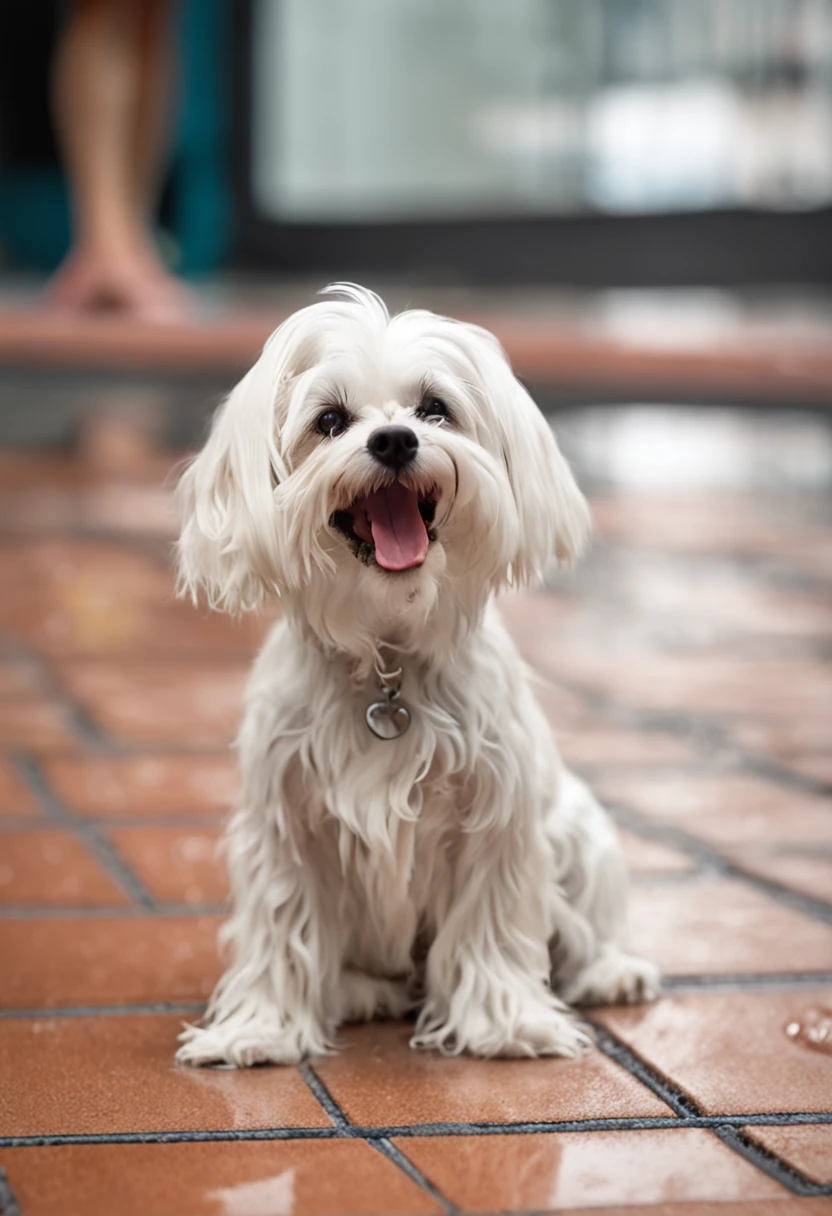 In the image in high resolution and high definition, We can see an adorable dog of the Maltese breed,wet white color after your bath. It is in a bright and spacious environment, onde a luz do sol entra pelas janelas, highlighting the drops of water that still cover your soft coat. The dog is standing on a shiny tiled surface, and their paws are delicately resting on the edges of a fuzzy carpet. Com um olhar animado e orelhas levantadas, The dog swings its body from side to side, in a funny attempt to get rid of the remaining water drops. Some droplets are in the air, capturando o movimento do cachorro no momento exato em que ele abana o corpo. Their happy expression and trembling action perfectly capture the infectious joy and playful spirit of the dogs after a refreshing bath