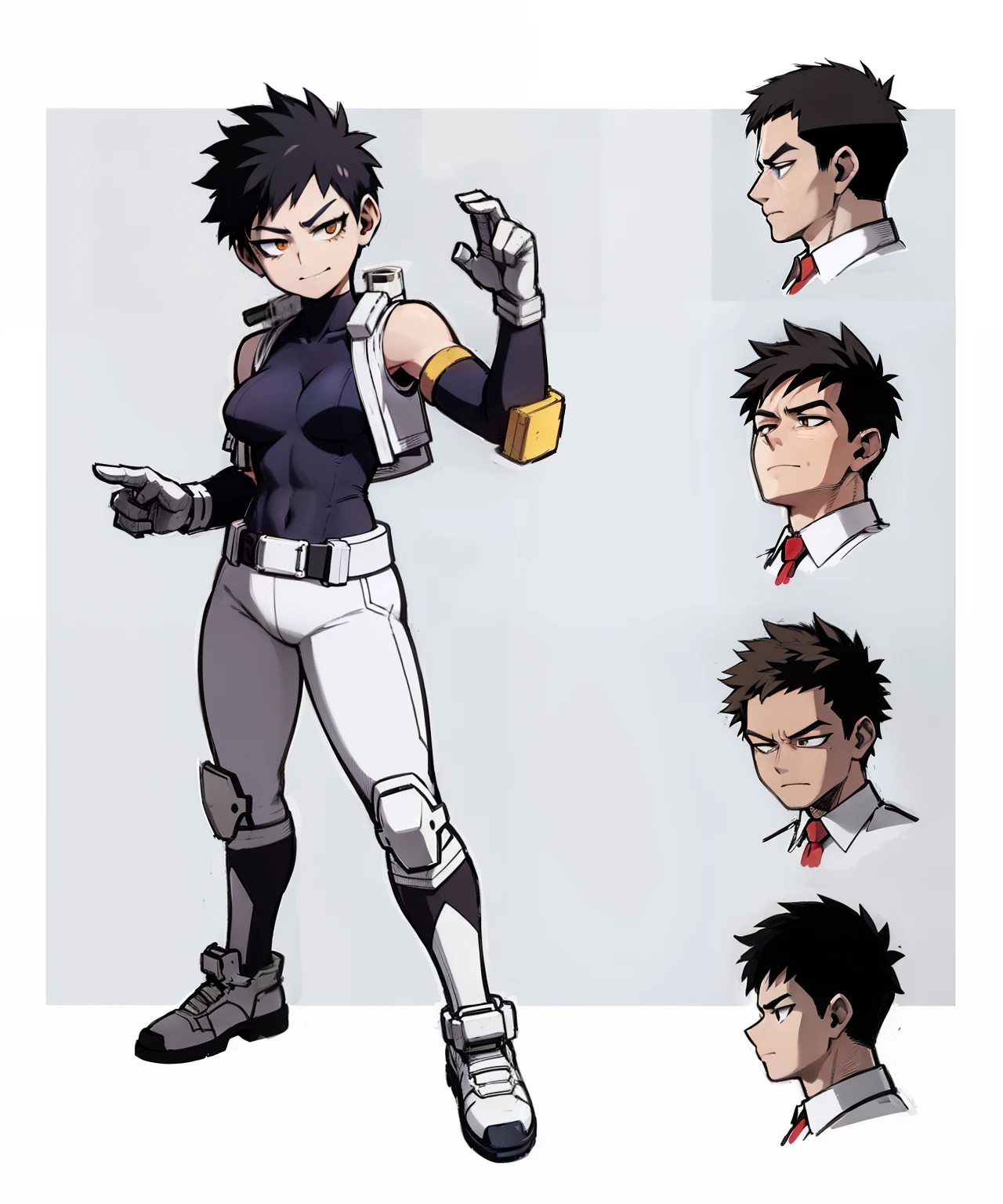 My Hero Academia style, anime Girl, female, trending on artstation pixiv, (full body shot:0.5), wide hips, wide thighs, medium breast, buzzcut side, dark purple hair, short hair, Orange eyes, hero suit, full body suit, dark purple suit with white pants, white booties, perfect hands, smug, joyful gaze, Perfect anatomy, Super Detailed,