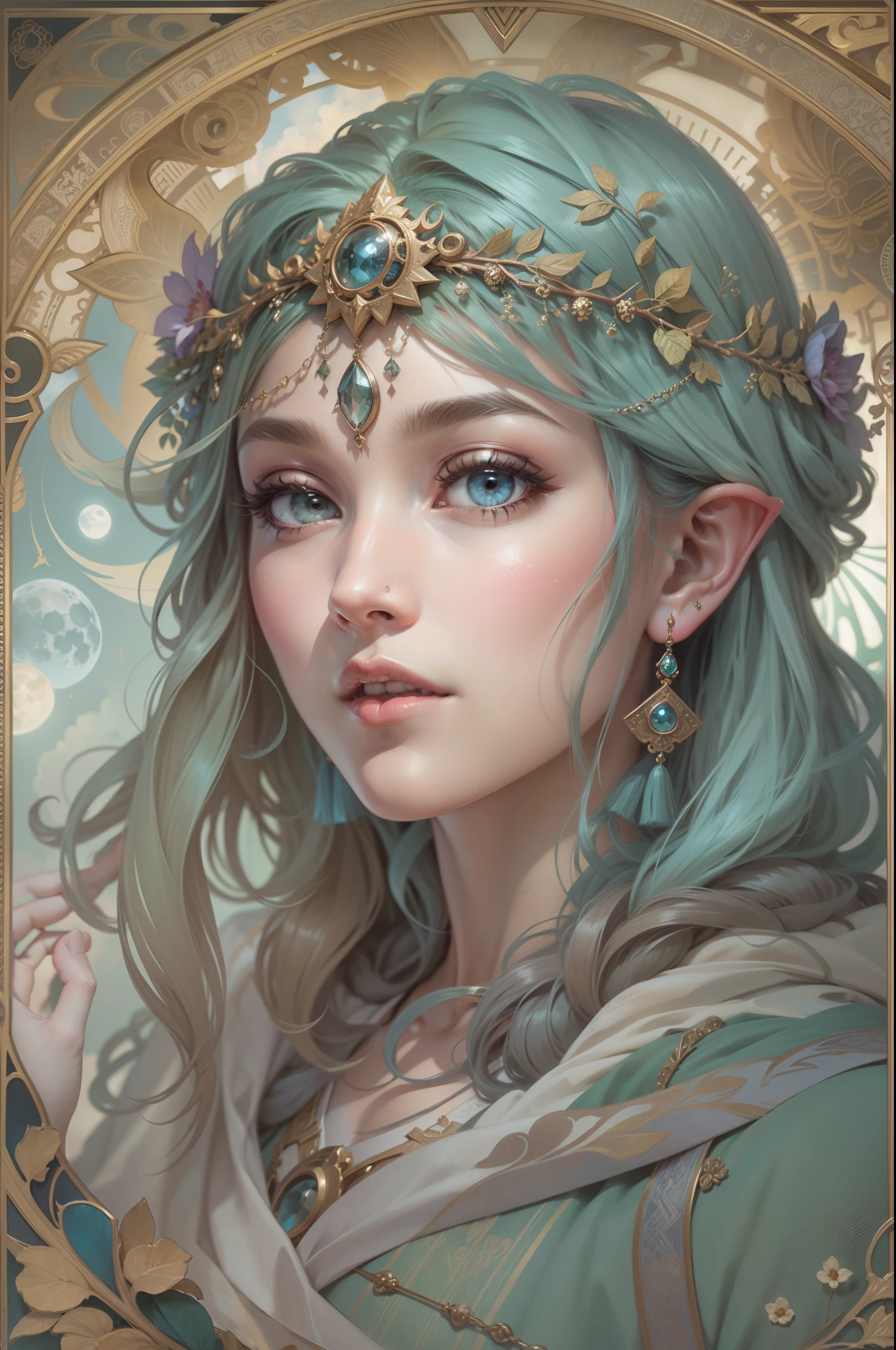 Tarot card, 1 elf girl，european elf face portrait，long shapeless hair, Shiny skin, Detailed face, wearing patterned robe， Sumeru，Clouds, moon，((tarot card layout))，Best quality, Masterpiece, (Realistic:0.6), Realistic lighting,Flower frame， Decorative panels， abstract artistic， (Alphonse Mucha) （tmasterpiece， best qualtiy, 8k, Extremely detailed， Complicated details， 4K，cerulean， Line art， Fibonacci.