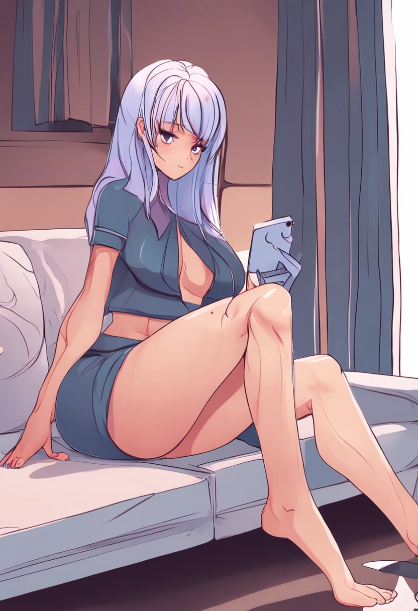 garota, cabelo rosa, olho azul, anime, 8k, sitting not sofa, mexendo no celular, (sbikini), pernas levantadas, pernas abertas, displaying the feet, (displayed pussy with hands), masturbation.