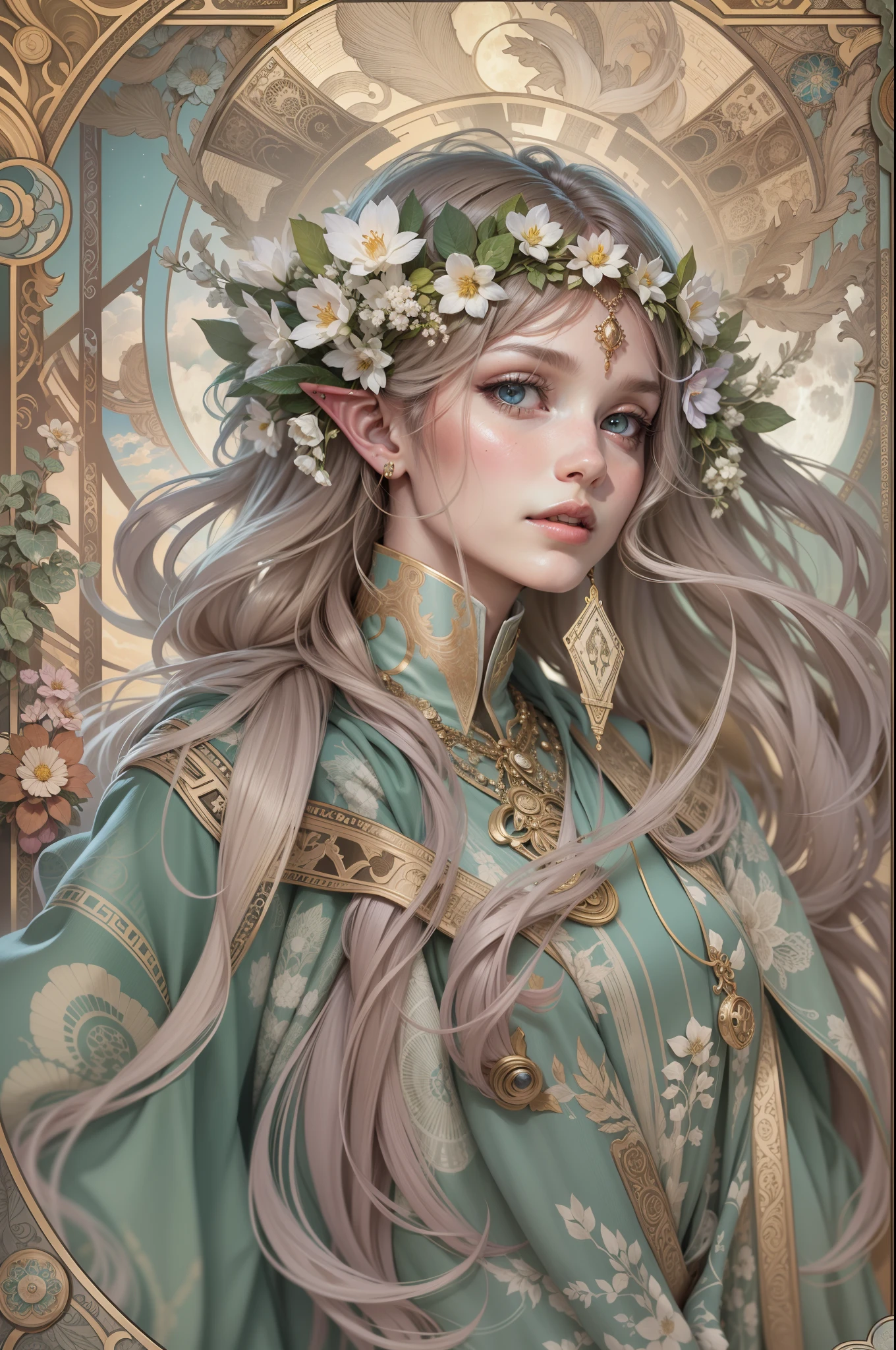 Tarot card, 1 elf girl,european elf face portrait,long shapeless hair, Shiny skin, Detailed face, wearing patterned robe, Sumeru,Clouds, moon,((tarot card layout)),Best quality, Masterpiece, (Realistic:0.6), Realistic lighting,Flower frame, Decorative panels, abstract artistic, (Alphonse Mucha) (tmasterpiece, best qualtiy, 8k, Extremely detailed, Complicated details, 4K,cerulean, Line art, Fibonacci.