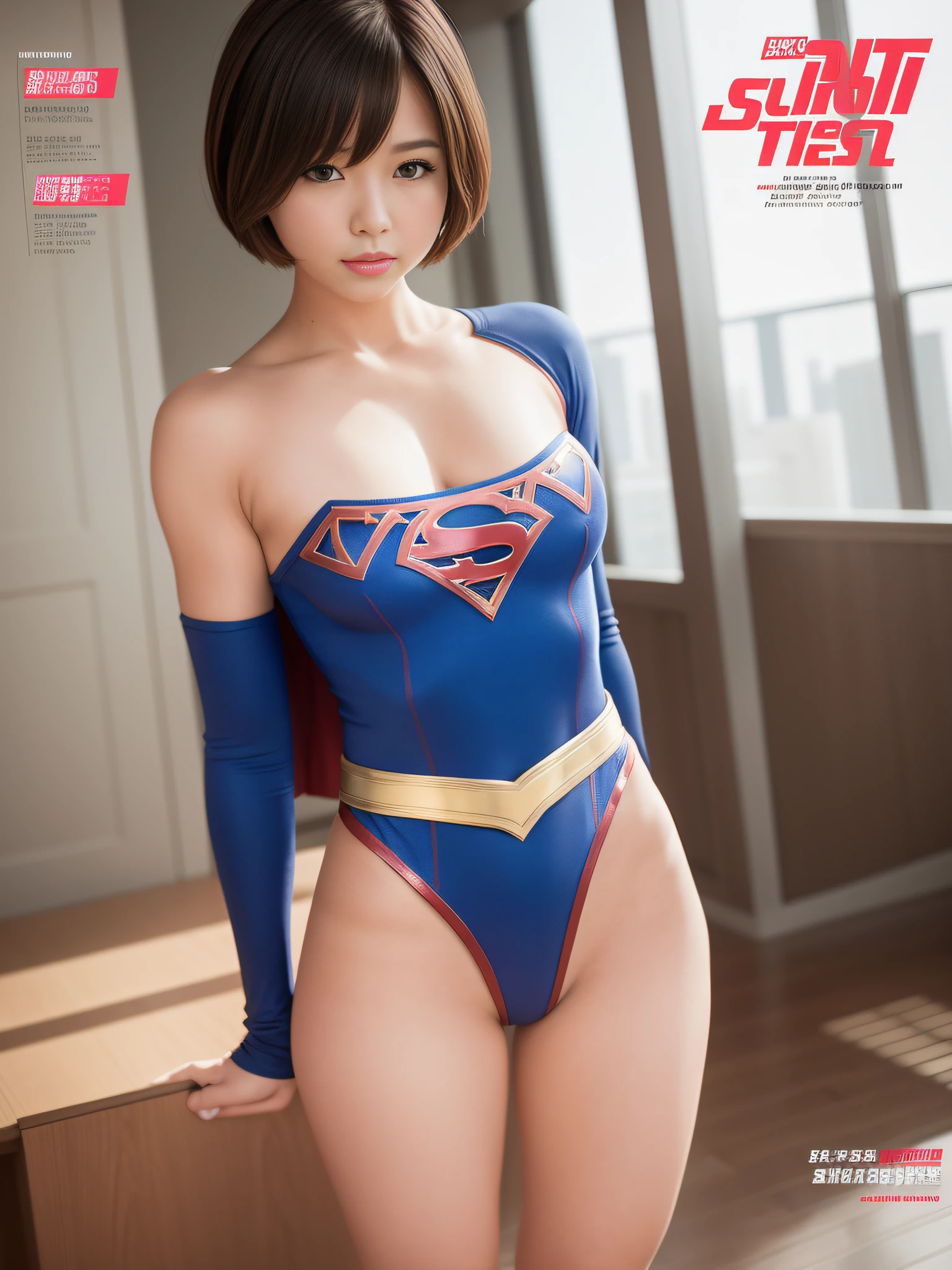 masterpiece、Short-haired Supergirl、Gymnasium、bare-legged、Looking at the camera、large full breasts、Too short miniskirt、highleg、Pro Wrestling、Magazine covers