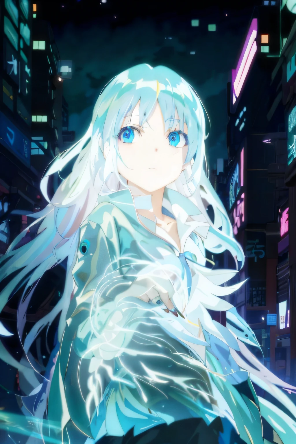 Anime girl in white dress standing in the city at night, Digital cyberpunk anime art, digitl cyberpunk - anime art, digital cyberpunk anime!!, anime cyberpunk art, ethereal anime, Anime cyberpunk moderno, cyberpunk anime girl, style of anime4 K, Best anime 4k konachan wallpaper, anime cyberpunk, Digital anime art, cyberpunk anime art, modern sci-fi anime