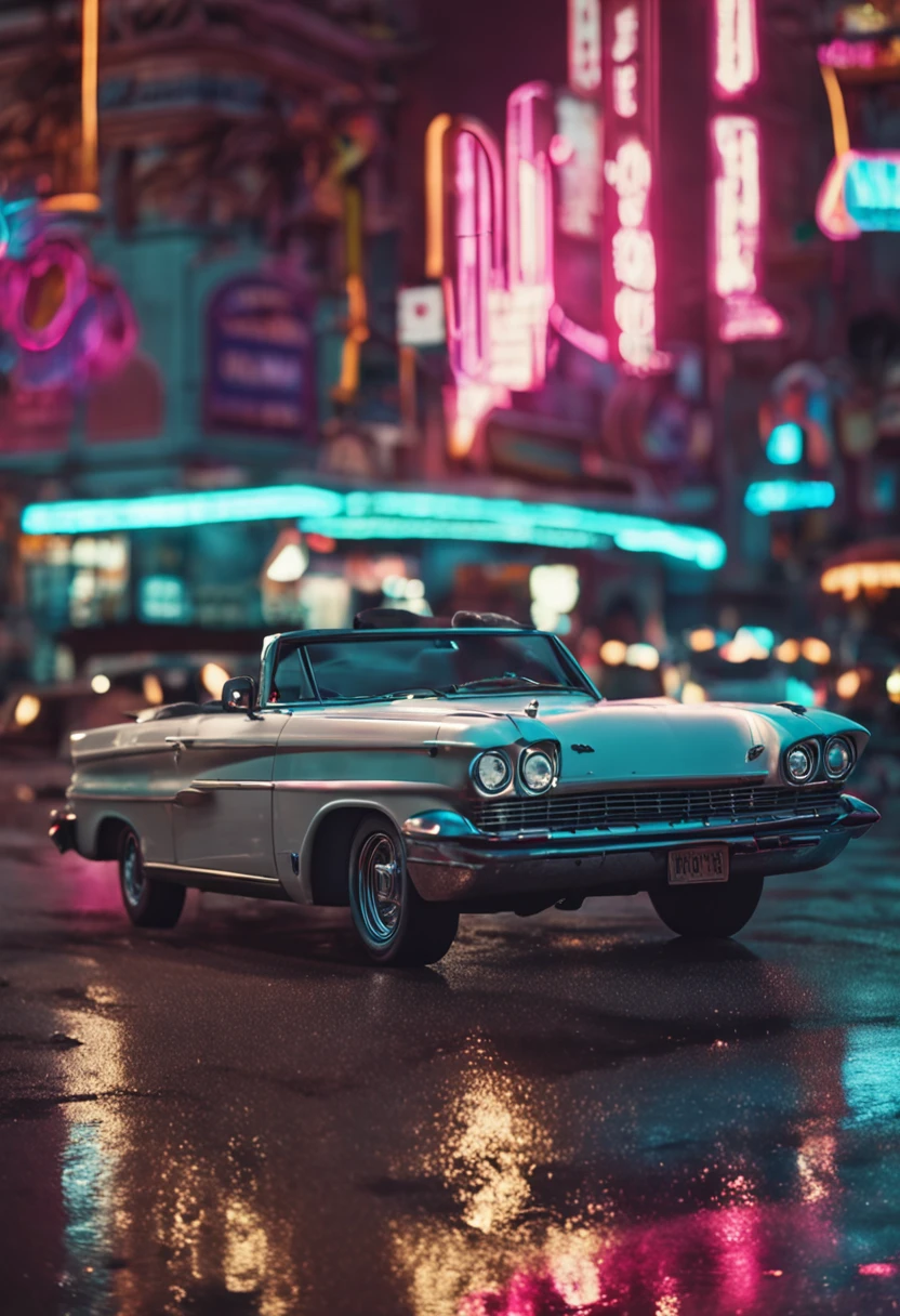 child in a white t-shirt in front of a car, city background