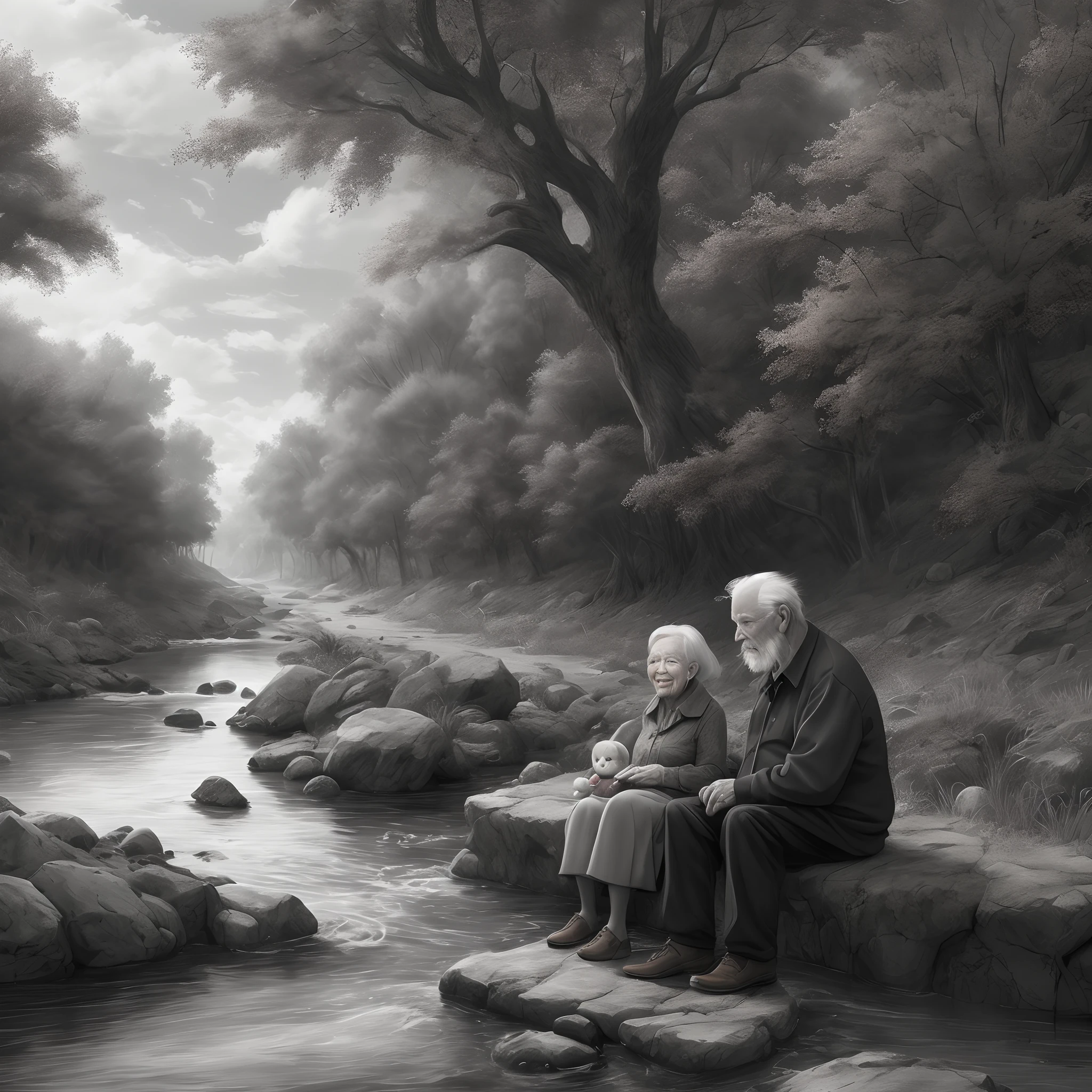Super realistic illustration in black and white. Old man near a river talking to his granddaughter. He has a staff and she has a doll. include a dog in the scene.