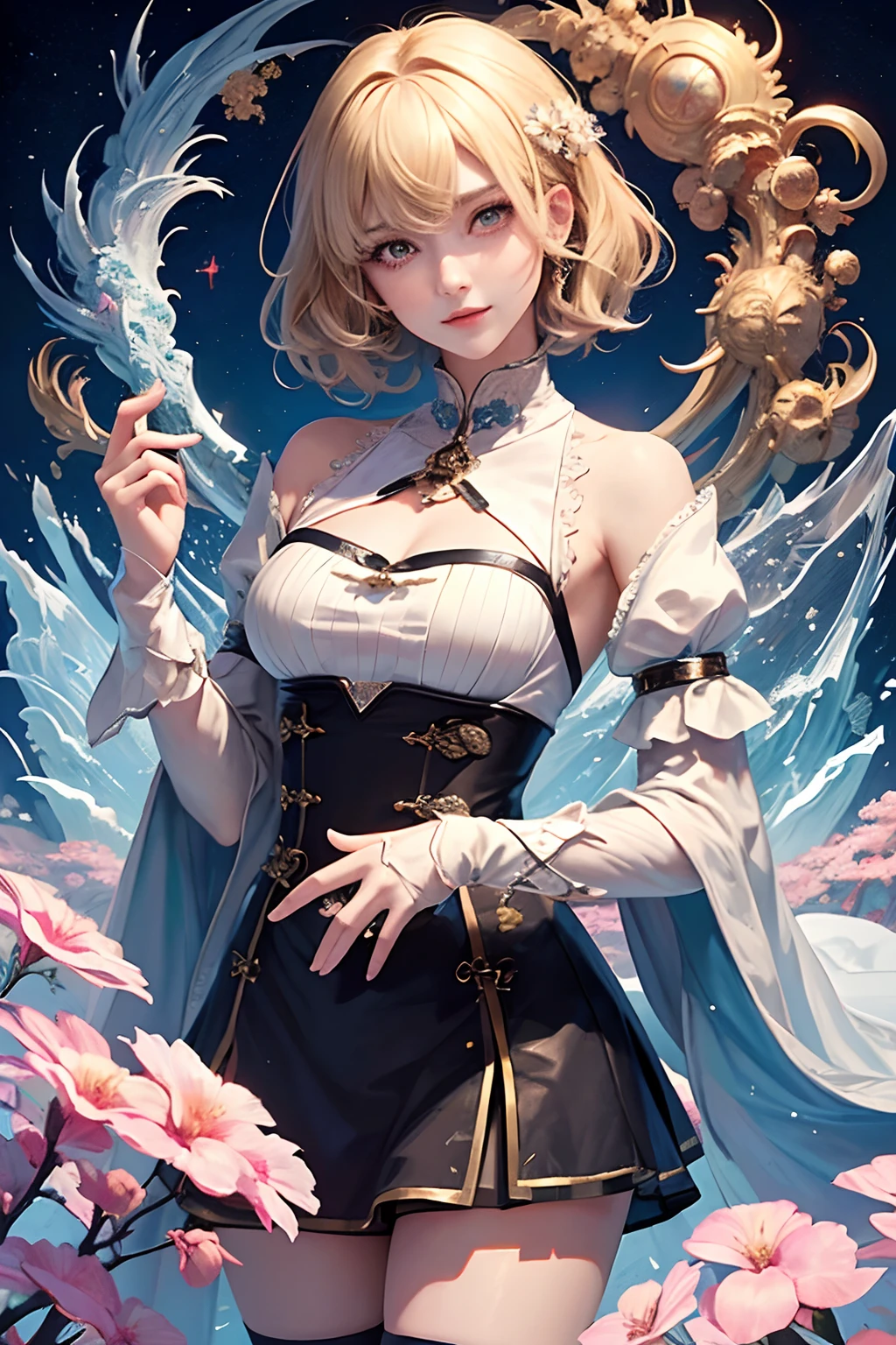 The white cylindrical hat on the back of the head lights up...、Whole body、8K、realphoto、超A high resolution, Master Parts, Best Quality, nffsw , cinematic images,Lovely girl、ann、1６years old、Anglo-Saxon、Green eyes、二重まぶた、very droopy eyes、（very, Very big eyes：1.８）、Dark eye shadow、The lips are very thin、The tip of the nose stretches beautifully.............、the tip of the nose is small,,,,, ighly detailed , Gold Hair、Straight hair、Very smile、 Sweet look 、a very beautiful woman、legs are long、 Very clear shadows , jewely , A detailed eye, very intricate, shiny skins , Perfect Brilliant, Perfect Lighting, Dramatic shadows 、She is wearing a long white silk dress with three layers。。。。。。。。。。..Silver embroidery covers the entire surface of a long white silk dress.、lace white dress is very long、White high heels、Hold a closed white fan with both hands、The head has a large white round hood、red flowers in ears