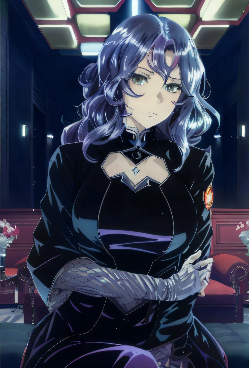 Anime - Stylistic image of woman in black dress sitting on red sofa, shalltear from overlord, hanayamata, anime key visual of elegant, anime visual of a young woman, noire, Kushatt Krenz Key Art Women, Misato Katsuragi, high detailed official artwork, Portrait Chevaliers du Zodiaque Fille