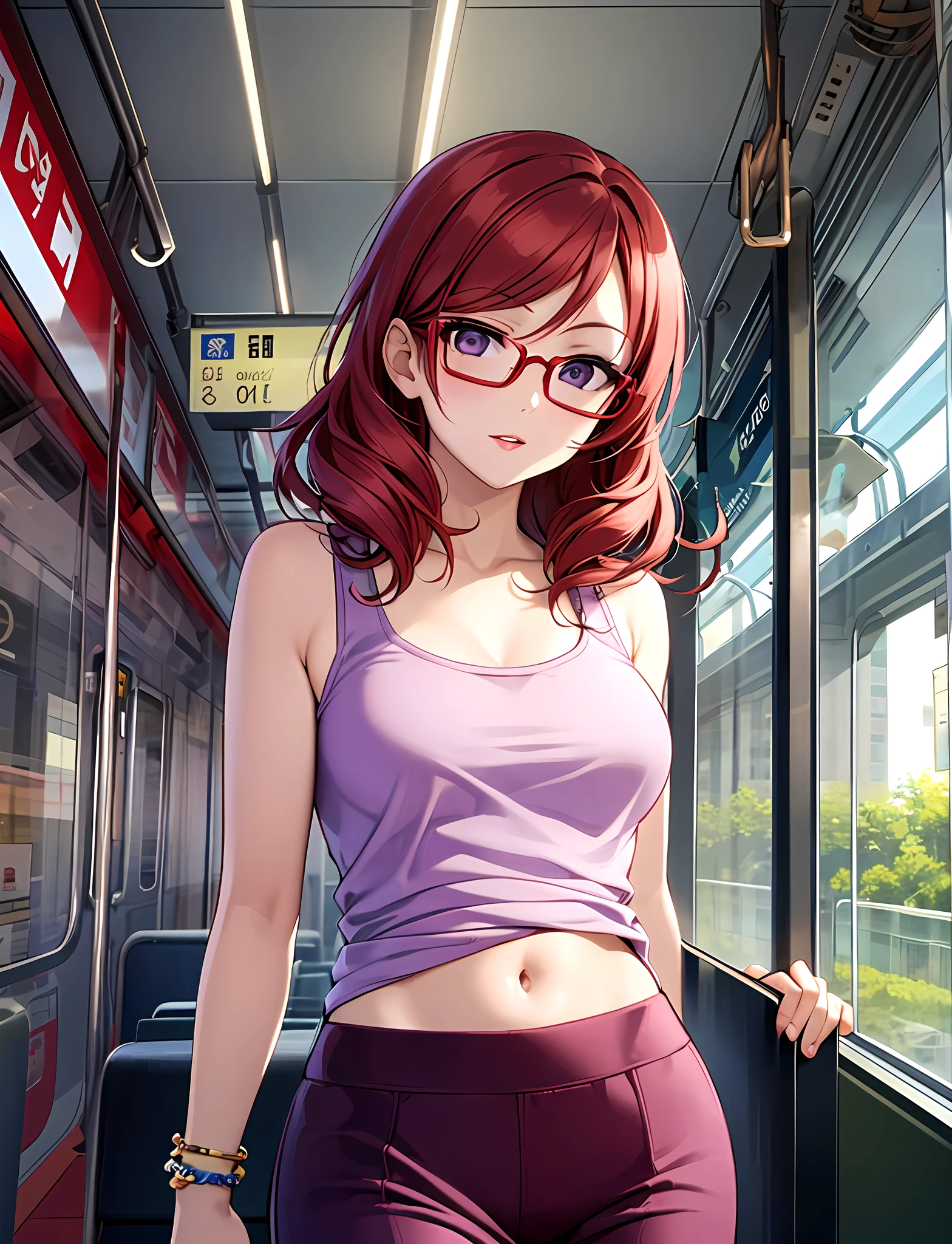 ,Nishikino maki, Purple eyes, red hair, lipstick,red tank top, ((tight pajamas pants)),glasses, bracelet, realistic art, cowboy shot, sexy, on train station